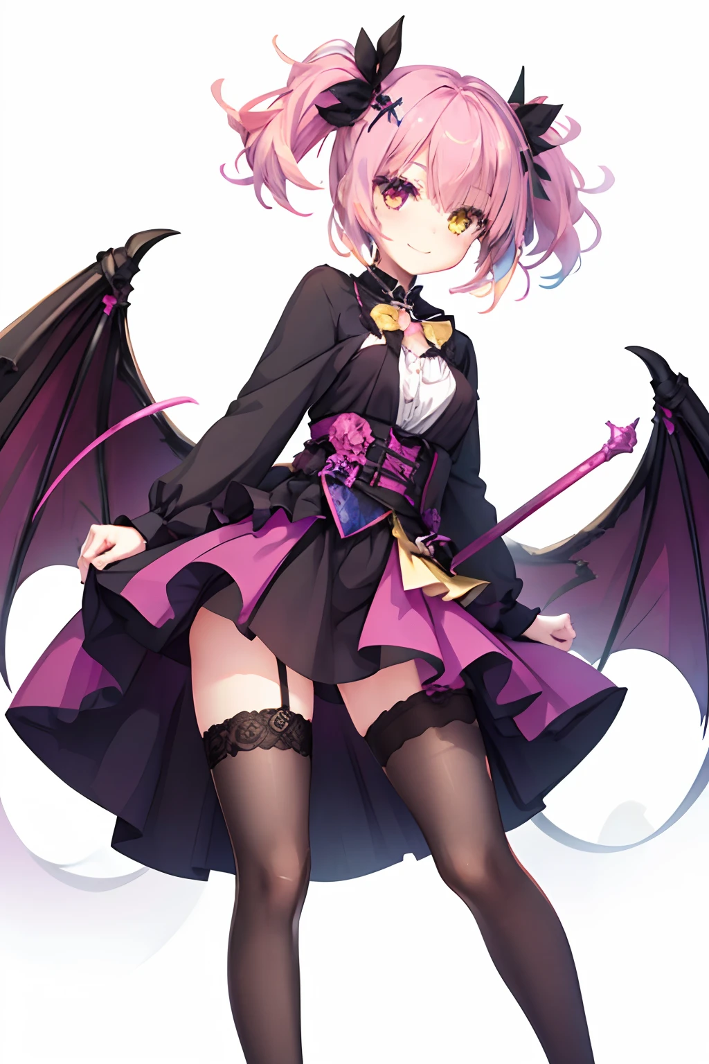 One girl,Pink hair,Twin-tailed,Heterochromia,bewitching,lascivious,Yellow and pink eyes,Evil Fallen Costume,Whip thighs,Stockings,evil smile,White background,Top image quality,Best Quality