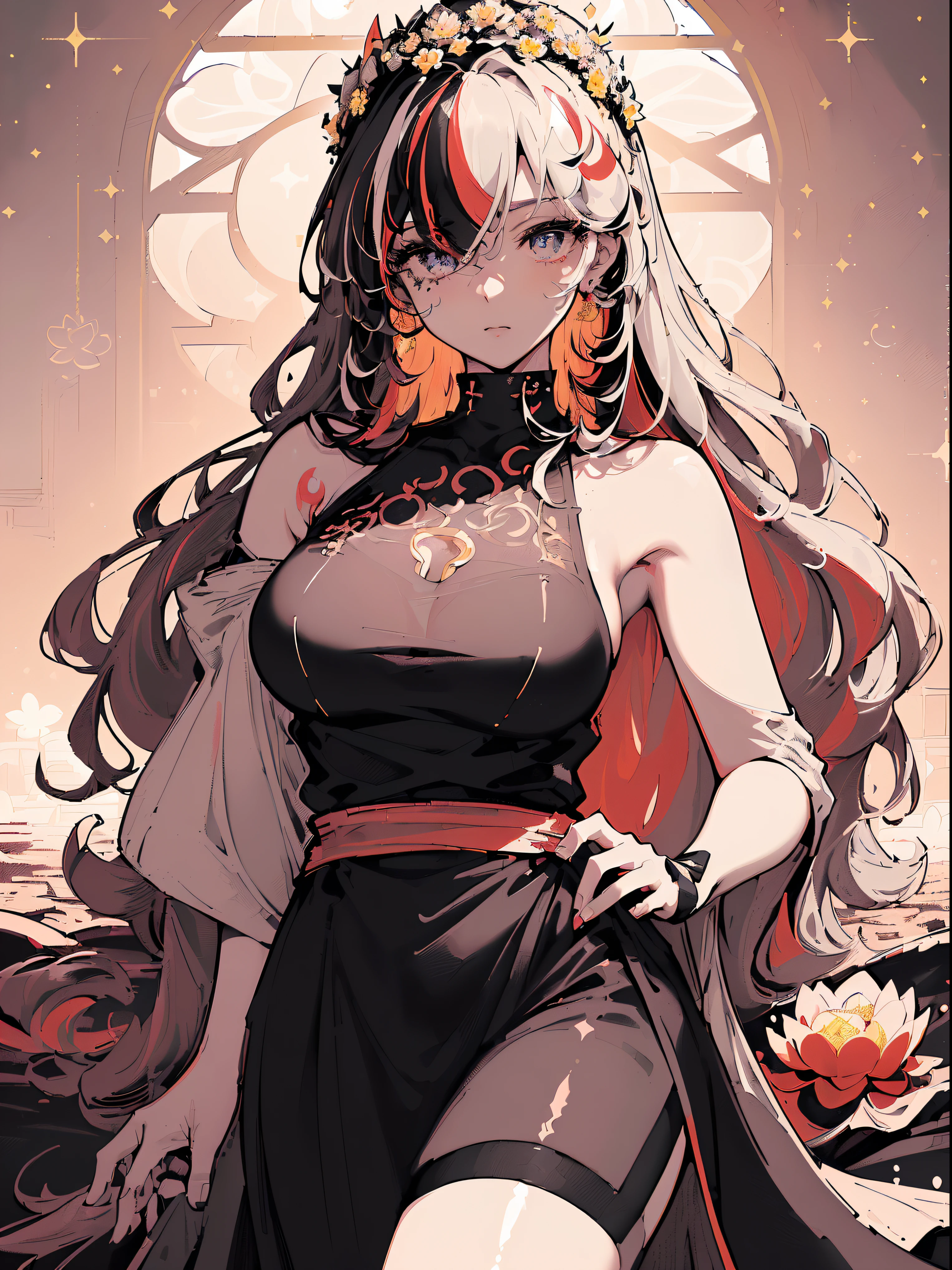 (((((( baggy T-shirt,  daisy field,flower dome,))))))((((Blush:1.2,Loose cuffs,))))(((((((Monochrome world, Use only shades of black and white and red, sparkling particles, geomerty:1.2, )))))))，((1girl,Amazing,Sharp focus,seductive lady，Solo，From below:1.1，((half kimono ,thigh ribbon,long latex gloves,))(((Masterpiece,Best quality, offcial art, Beautiful and aesthetic:1.2))),((hyper HD,Golden ratio,)) (16k),((Upper lens,facial tattoo)), (((lotus,flower crown))), (((Sagging breasts))))),(Physically-based rendering),Sharp focus, (((highdetailskin,))),intricate outfits，Delicate pupils,Cardiac pupils,Danfeng Eyes,((((detailed hairs|Long hair|Long bold side bangs|Cover your eyes|Naturally curly|streaked hair)))),Slender,(masterpiece sidelighting),(The sheen),(Beautiful hair,Beautiful eyes,）((unbelievable Ridiculous,)),((extremely_Detailed_Eyes_and_face)),film quality,(Dynamic configuration: 1.2),Brilliant,Glossy, (Photorealistic), ((cross pupils)), two-sided fabric,Ultra-precise depiction, Ultra-detailed depiction,