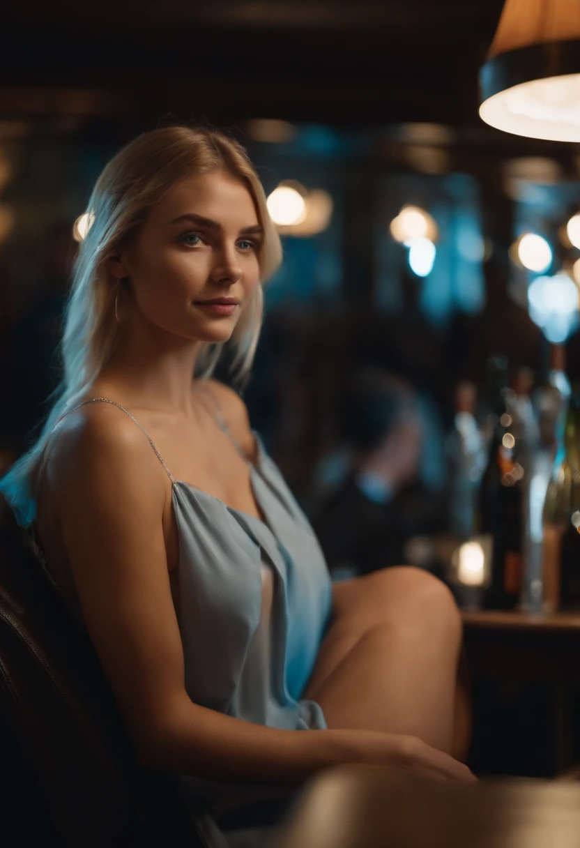 8k, UHD, Highres, masterpiece, award winning, High detailed raw color of 18 year old girl blonde streaked hair , blue eyes, in a restaurant, ready to be taken from behind in her ass, ready for sex, completely naked, barefoot, people, lights, professional lighting,  Sony FE GM, 85mm, f/2.8, Ultra-Wide Angle, perspective