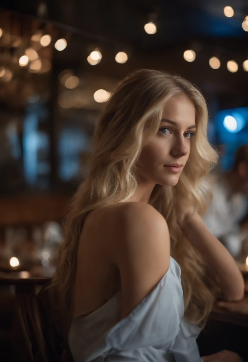 8k, UHD, Highres, masterpiece, award winning, High detailed raw color of 18 year old girl blonde streaked hair , blue eyes, in a restaurant, ready to be taken from behind in her ass, ready for sex, completely naked, barefoot, people, lights, professional lighting, Sony FE GM, 85mm, f/2.8, Ultra-Wide Angle, perspective