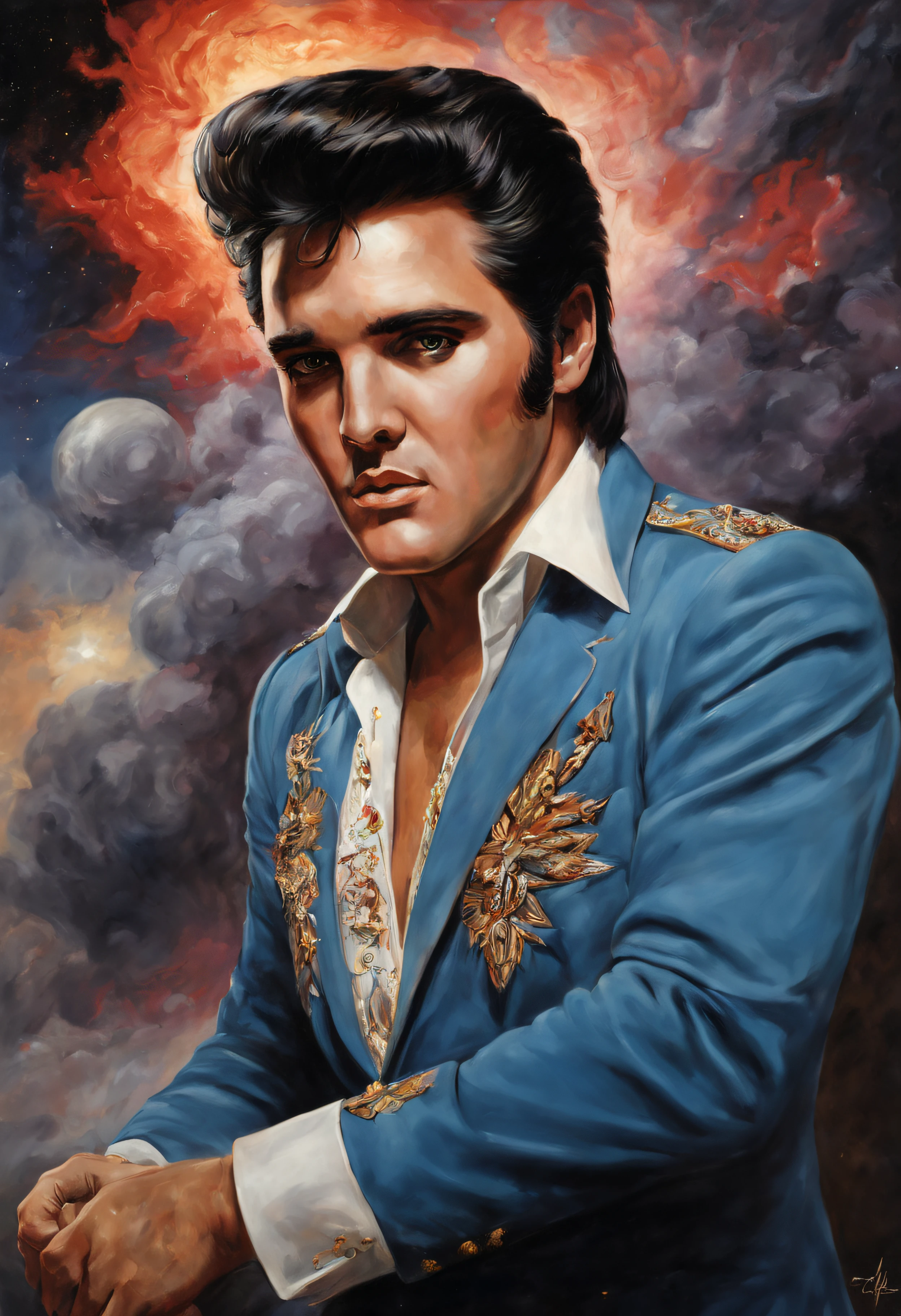 a facial portrait of Elvis Presley, oil painting on canvas in the art style of caravaggio, thomas kinkade, neal adams, frank frazetta, boris vallejo, Rembrandt, extremely colorful, outer space, planets, stars, galaxies, fire, explosions, smoke, volcanic lava, craggy mountain peaks in the background