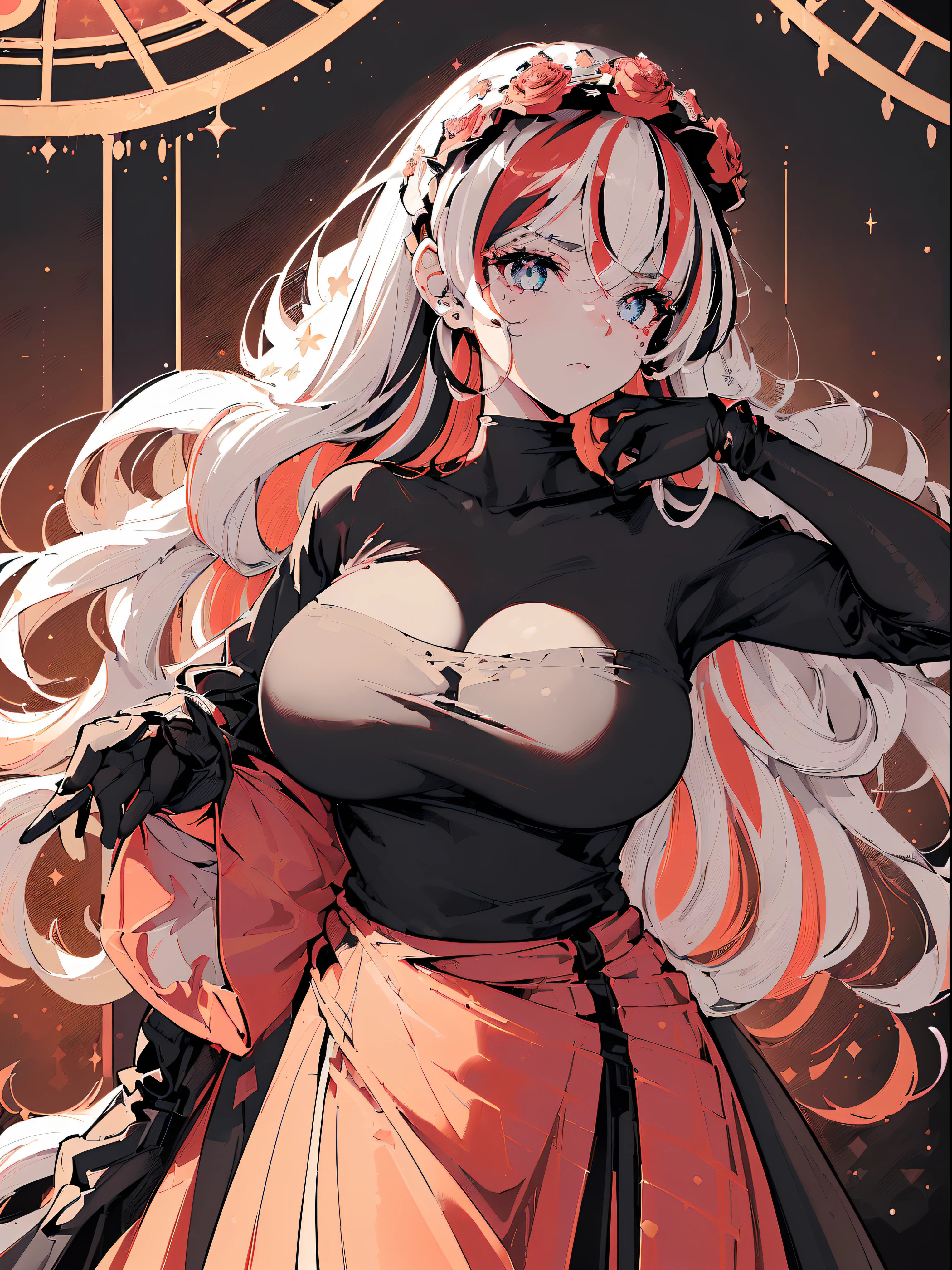 (((((( baggy T-shirt, daisy field,flower dome,))))))((((Blush:1.2,Loose cuffs,))))(((((((Monochrome world, Use only shades of black and white and red, sparkling particles, geomerty:1.2, ))))))),((1girl,embarrassed,Amazing,Sharp focus,seductive lady,Solo,From below:1.1,((half kimono ,thigh band,long latex gloves,))(((Masterpiece,Best quality, offcial art, Beautiful and aesthetic:1.2))),((hyper HD,Golden ratio,)) (16k),((Upper lens,facial tattoo)), ((( rose,flower crown))), (((Sagging breasts))))),(Physically-based rendering),Sharp focus, (((highdetailskin,))),intricate outfits,Delicate pupils,Cardiac pupils,Danfeng Eyes,((((detailed hairs|Long hair|Long bold side bangs|Cover your eyes|Naturally curly|streaked hair)))),Slender,(masterpiece sidelighting),(The sheen),(Beautiful hair,Beautiful eyes,)((unbelievable Ridiculous,)),((extremely_Detailed_Eyes_and_face)),film quality,(Dynamic configuration: 1.2),Brilliant,Glossy, (Photorealistic), ((cross pupils)), two-sided fabric,Ultra-precise depiction, Ultra-detailed depiction,