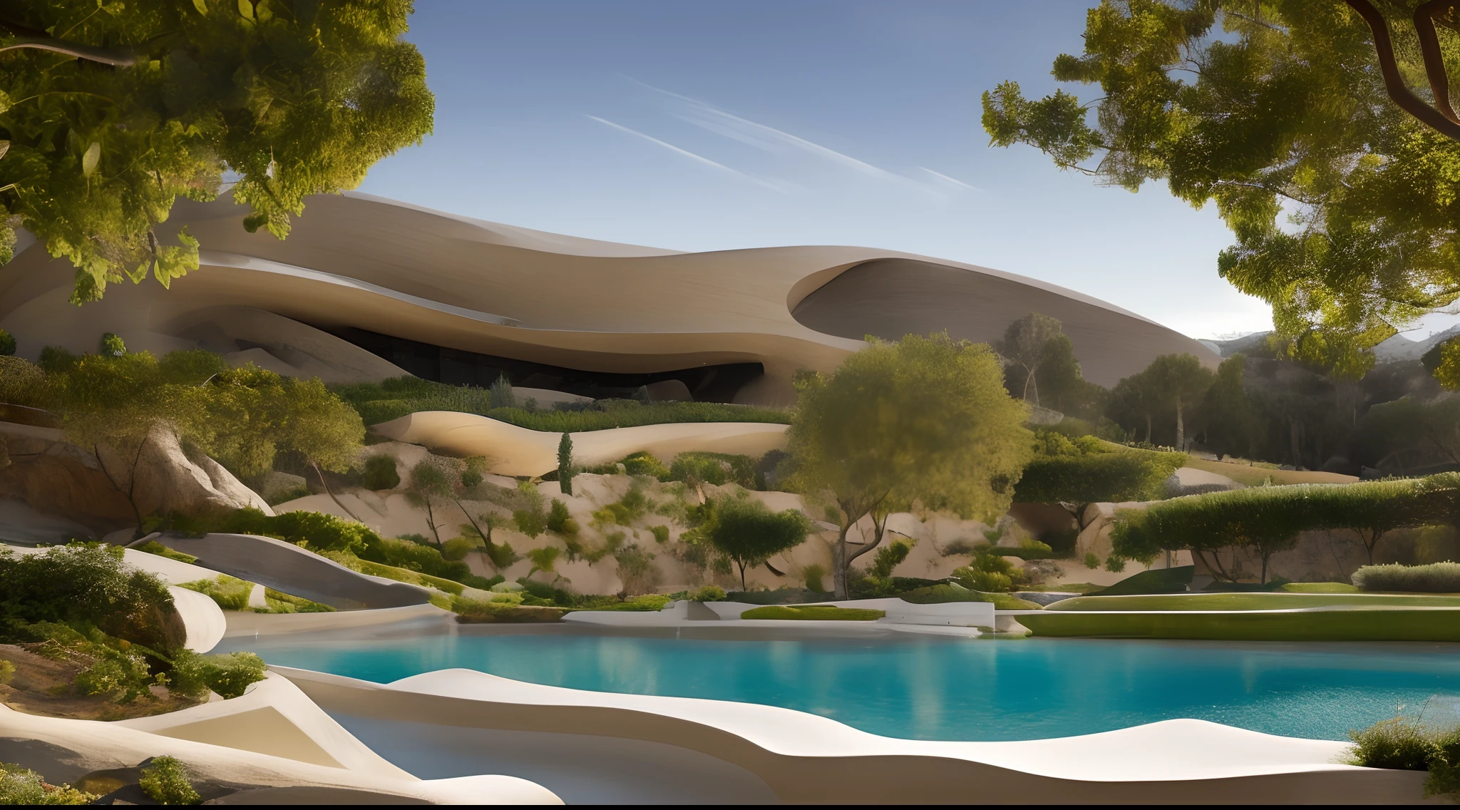 rammed earth, carved rock, flowing, mountainside, perforated, grassy, modern, futuristic, glossy white, sinuous chateau, illuminated pool, vines, ivy, artificial lighting, desert landscaping, accent lighting, sunrise, mist