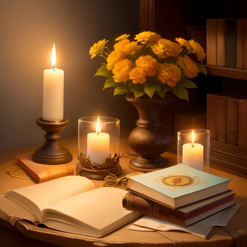 Vanitas candles, bows of ribbons, knotted rope, butterflies, marigold, books, brushes