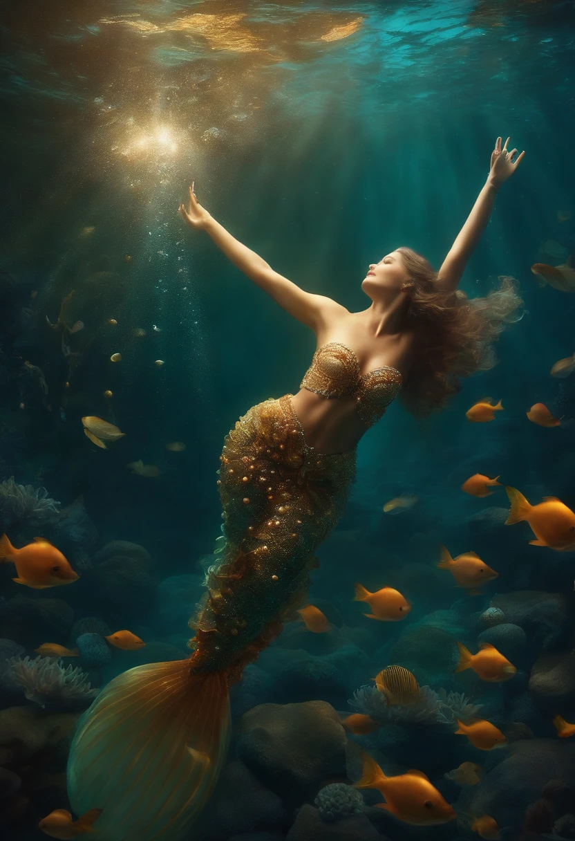 A mermaid dancing with grace in the depths of the ocean, Surrounded by shimmering pearls, In your underwater kingdom, Your heart filled with hope and your radiance is the light that guides your path."