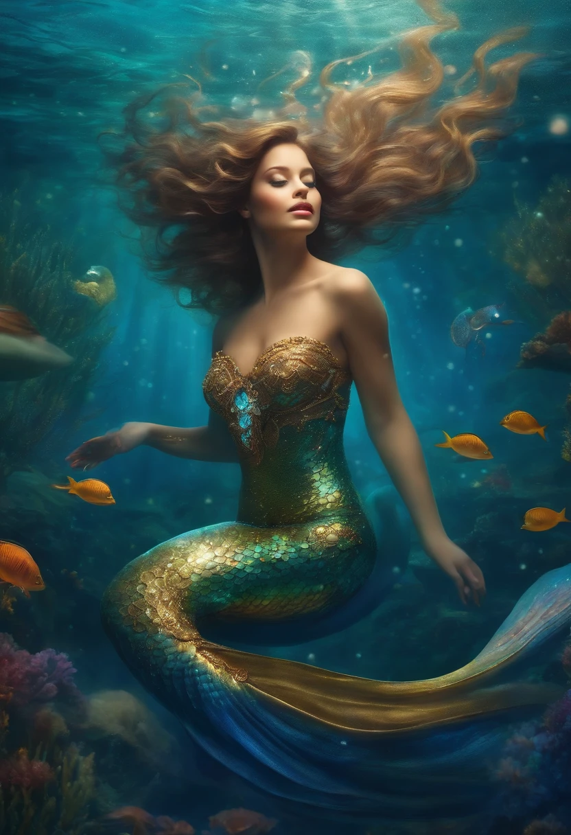 A mermaid dancing with grace in the depths of the ocean, Surrounded by shimmering pearls, In your underwater kingdom, Your heart filled with hope and your radiance is the light that guides your path."