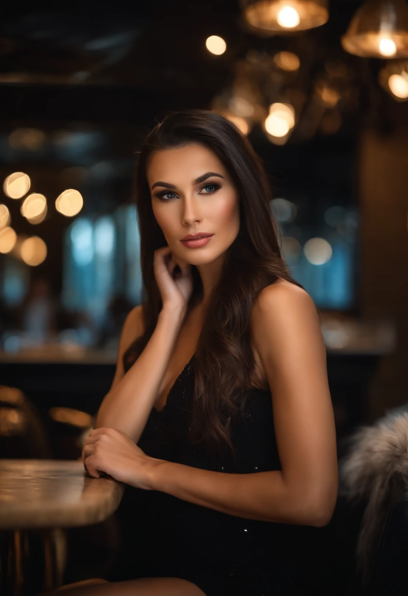 **Prompt:** A portrait of a brunette woman with shoulder-length wavy hair, wearing a chic black dress. The setting is a cozy, dimly lit café with warm, ambient lighting. The woman has a serene expression, with a soft smile and light makeup highlighting her natural beauty. The background features blurred café details, creating a bokeh effect. The shot is taken with a Canon EOS 5D Mark IV, using a 50mm f/1.8 lens for a shallow depth of field, capturing a high-resolution image with rich colors and a touch of film grain.