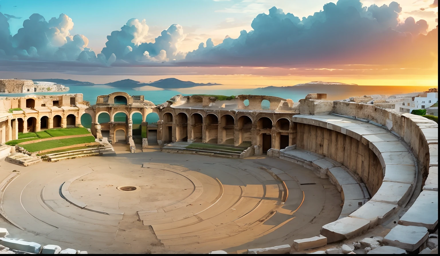 Greek civilization, Roman theater,Alexandria Sea,Background, sunset,Overcast skies,In the daytime,Beige color,True color,yellow color,Bird perspective --auto --s2