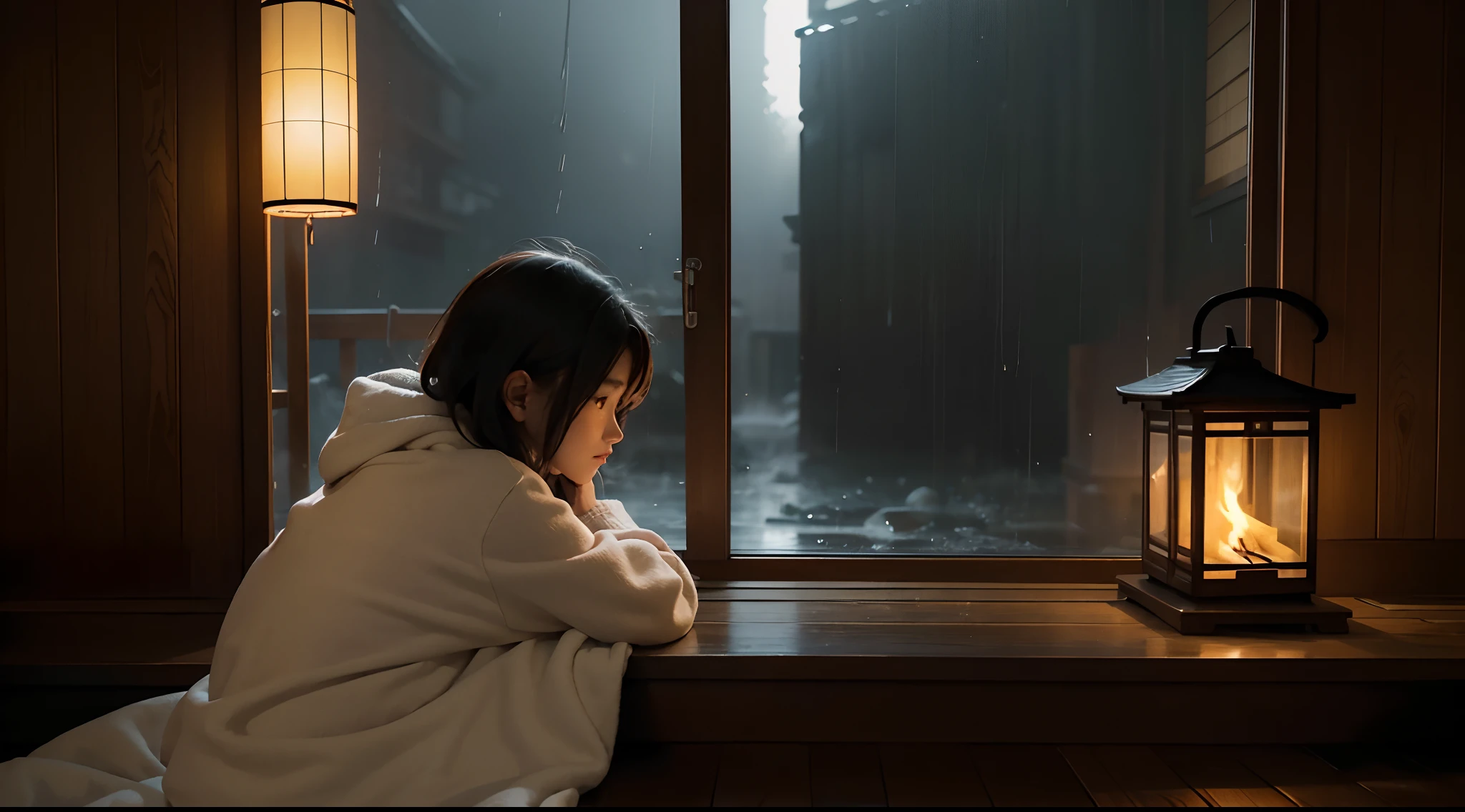 Inside a Tokyo house, open fire, It is a rainy night, very dark, There is a 35 year old woman sitting on a very comfortable chair, wrapped in a blanket, holding a cat, non-sexualised, in pensive mood, looking away from camera, looking out of open window at the rainy neon city, cat also looks out of the window at the rain, dark walls, low light level, traditional Japanese lantern and open fire, cozy and peaceful atmosphere, designed for cozy aesthetics.