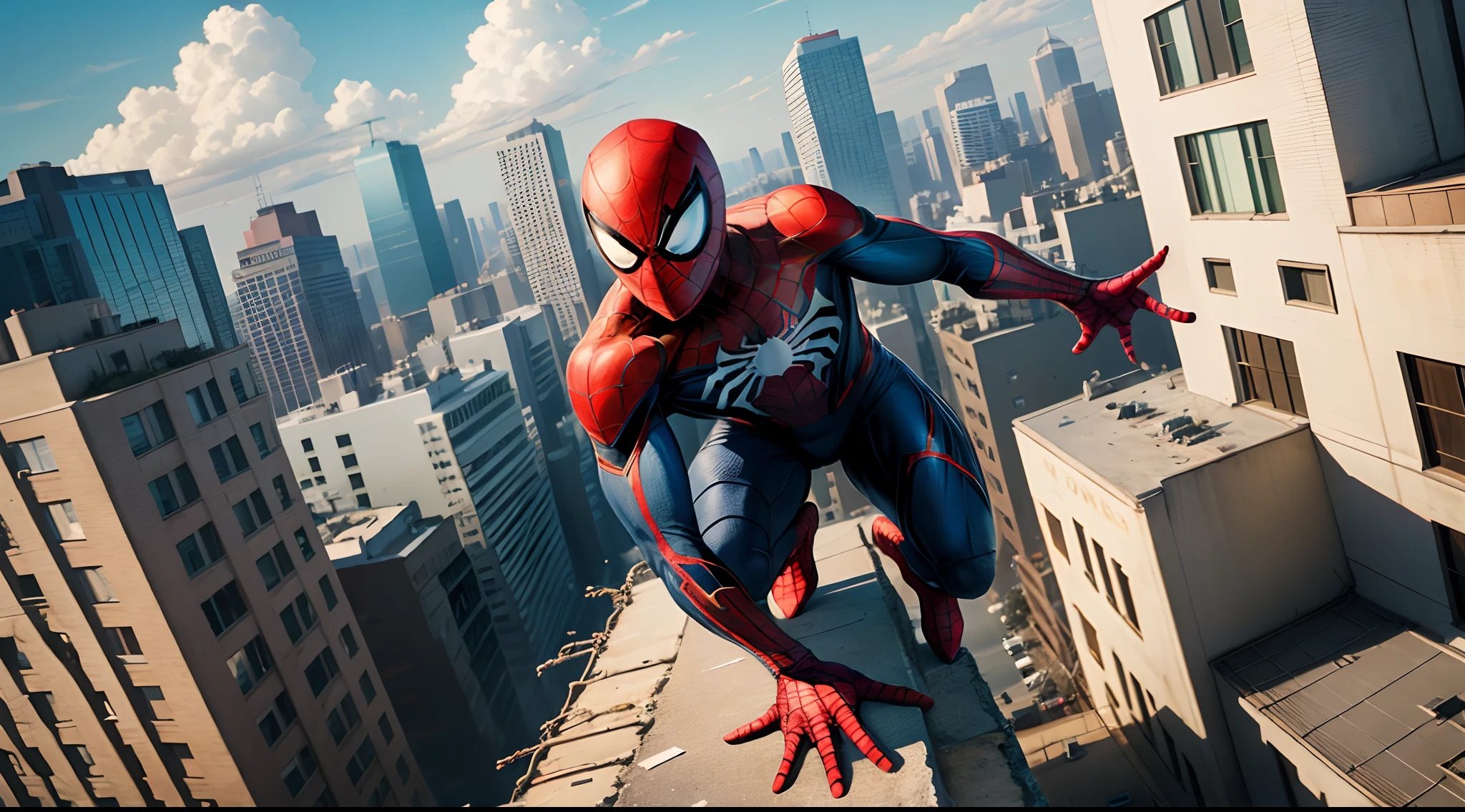 Spider-Man on top of a building spreading 100 dollar bills