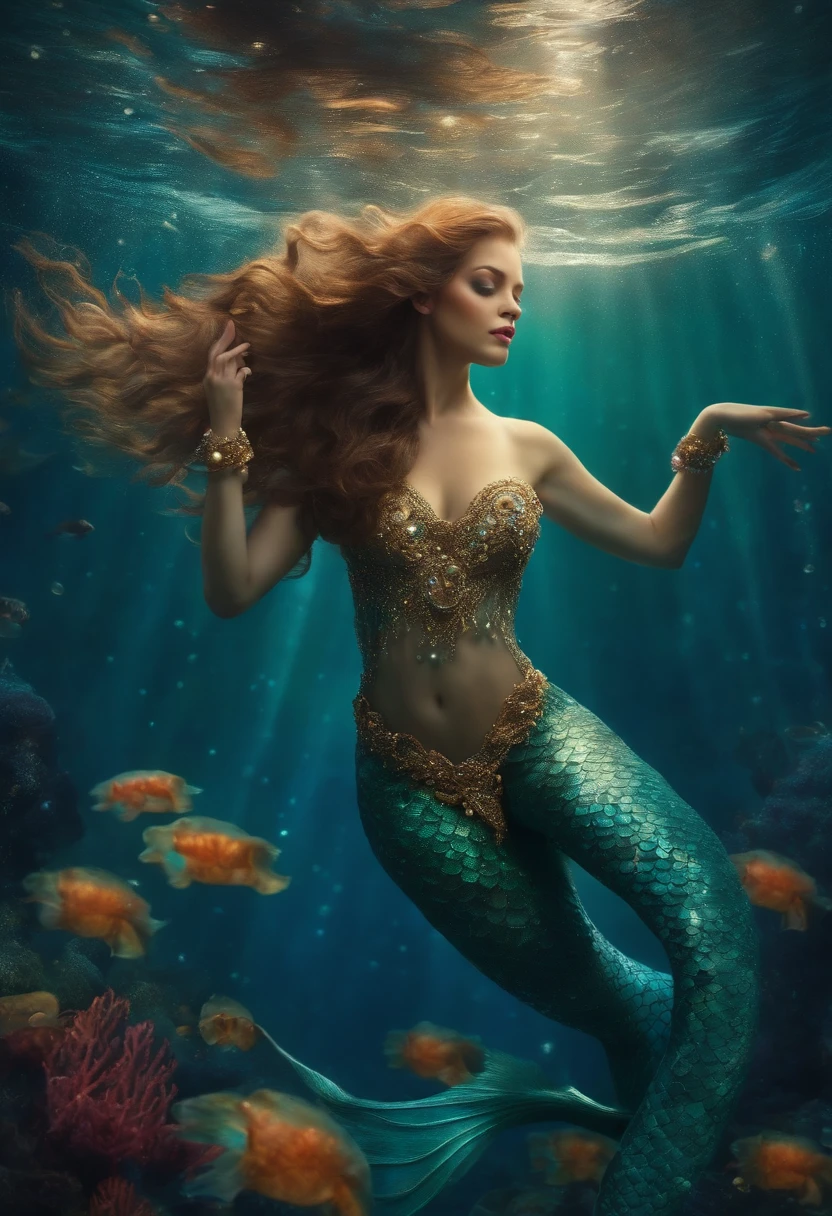 A mermaid dancing with grace in the depths of the ocean, Surrounded by shimmering pearls, In your underwater kingdom