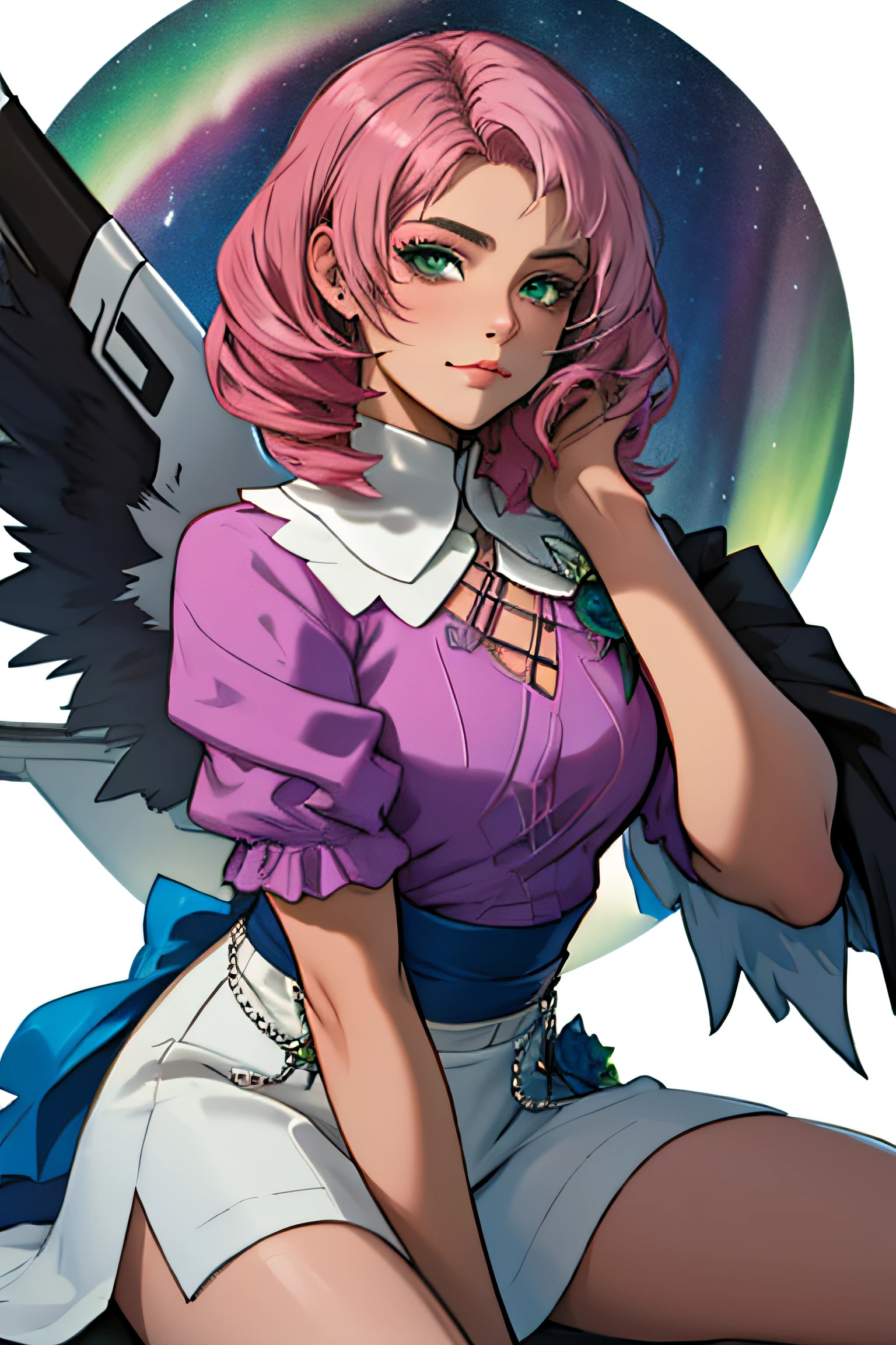 Alisa bosconovitch, melhor qualidade, contemporary, estilo plano, minimalismo, Green Eyes Flat Illustration, cabelo rosa, cabelo curto, cabelos multicoloridos, Camisa Preta, mechanical wings, Head Portrait Close-U, peito pontudo, decote, super decote, middlebreasts, Tekken，cabelo rosa pastel, 1girl, em quimono, hand-painted，Desenho de linha sem cor, colorida do yandere pastel, Tekken, Super cute pink hair girl with gothic makeup on the side, com roupa de empregada，figura esbelta，robusto，He sat on the floor，Vestido com roupas de empregada rosa e branco，cabelos muito curtos，com orelhas de gato，quadratic element，, kawaii cor-de-rosa na roupa da era de 1910, Alisa Bosconovich pink lips, no estilo da paleta de cores suave aurorapunk, an anime illustration of his face, gifs animados, hand drawn animation, charming sketches, suave e brilhante, romantismo nebuloso, Estilo Superflat, fundo branco - ar 1:1 - niji 5 - estilo expressivo --s 50 ,Pink kawaii girl in the era of 1920s clothesPink eagles, vestindo uma camisa branca brilhante, no estilo da paleta de cores suave aurorapunk, an anime illustration of his face, gifs animados, hand drawn animation, charming sketches, suave e brilhante, romantismo nebuloso, Estilo Superflat, fundo branco - ar 1:1 - niji 5 - estilo expressivo --s 50, Absurdo, alto, ultra detalhados, (1girl:1.3), quebrar , Crie uma imagem com uma bela caligrafia