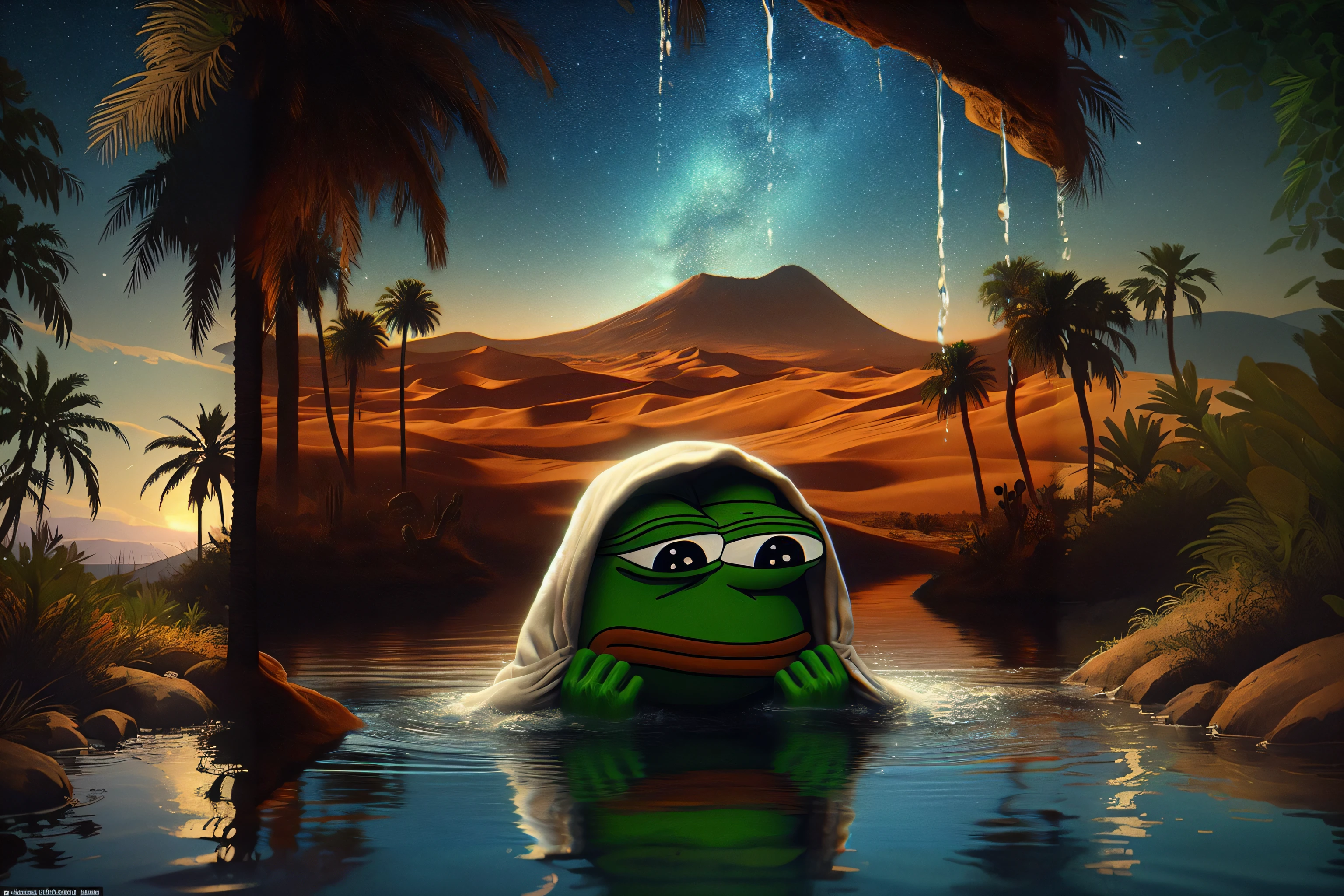 Perfect digital art: shot taken inside the water of a Sadpepe meme frog in an oasis washing face with the water. Fresh vests, sad face. detailed savanna background at night, desert, palm trees, tranquil water. A 4K ultra HD wallpaper, masterpiece with impeccable detail, optimally angled. Perfect Art