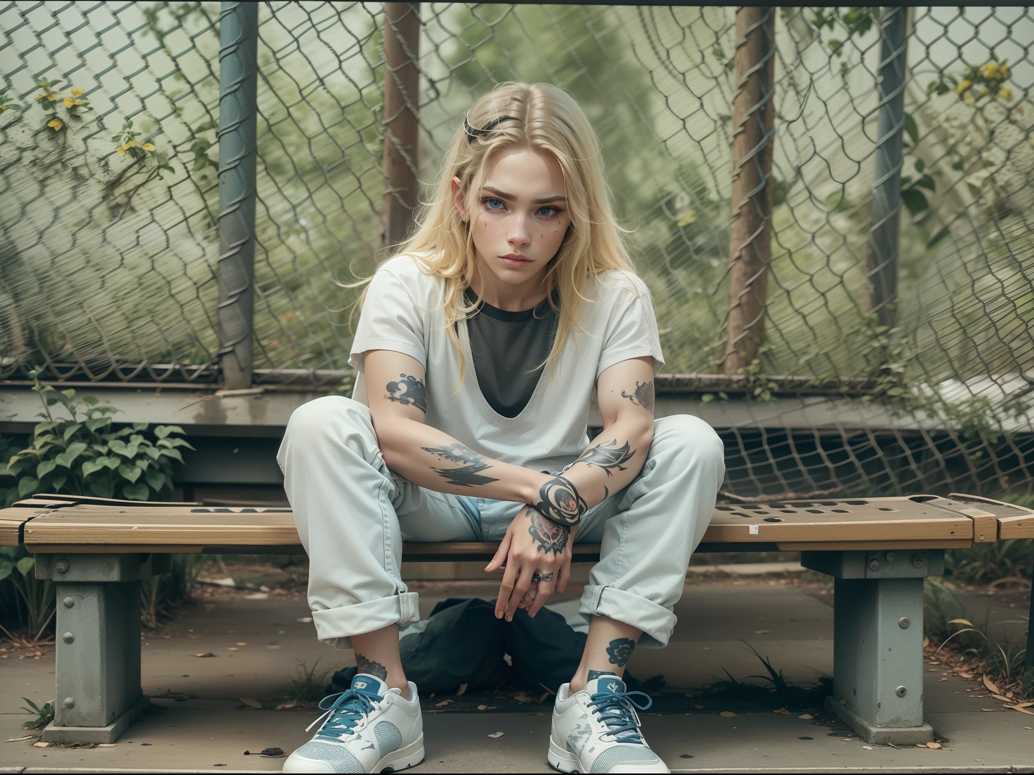 Trinity, in prison, blonde hair, blue eyes, wearing white shirt, orange pants, black shoes, sitting outside, on a bench, heavily tattooed, face tattoos, sleeve tattoos, messy hair, looking serious,