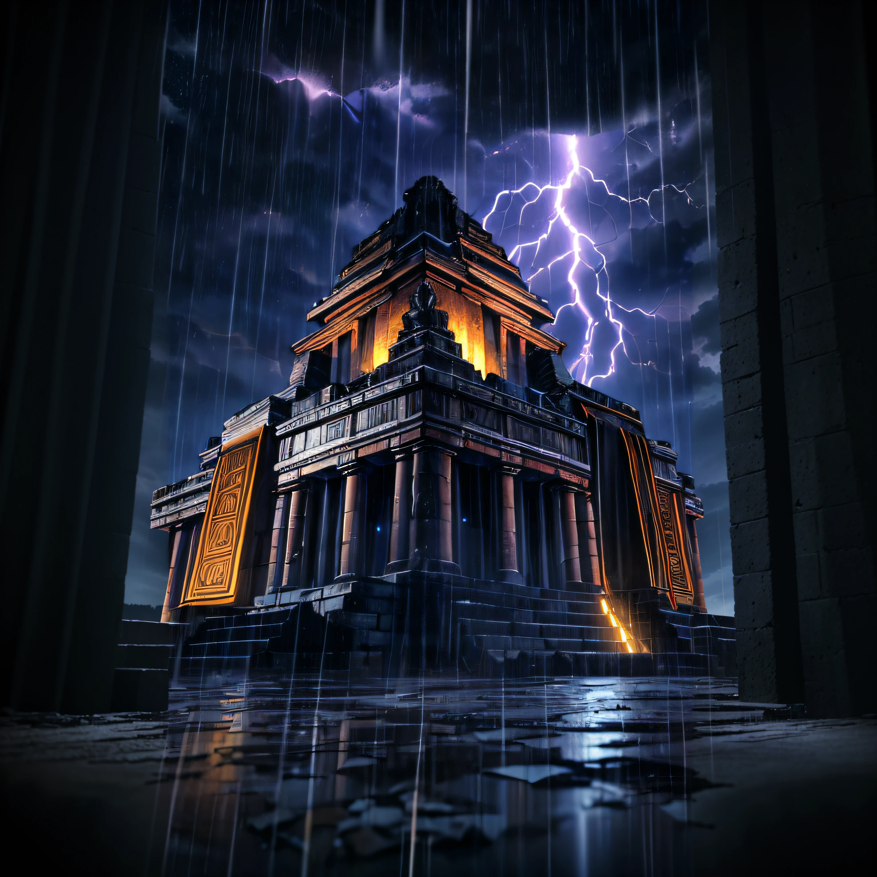 High quality Photo of Ancient mayan (temple) in the center of a (futuristic American city) at night, dramatic, low angle shot, high resolution, 8k, high saturation, scary, rain, storm, lightning, boxing ring, boxing