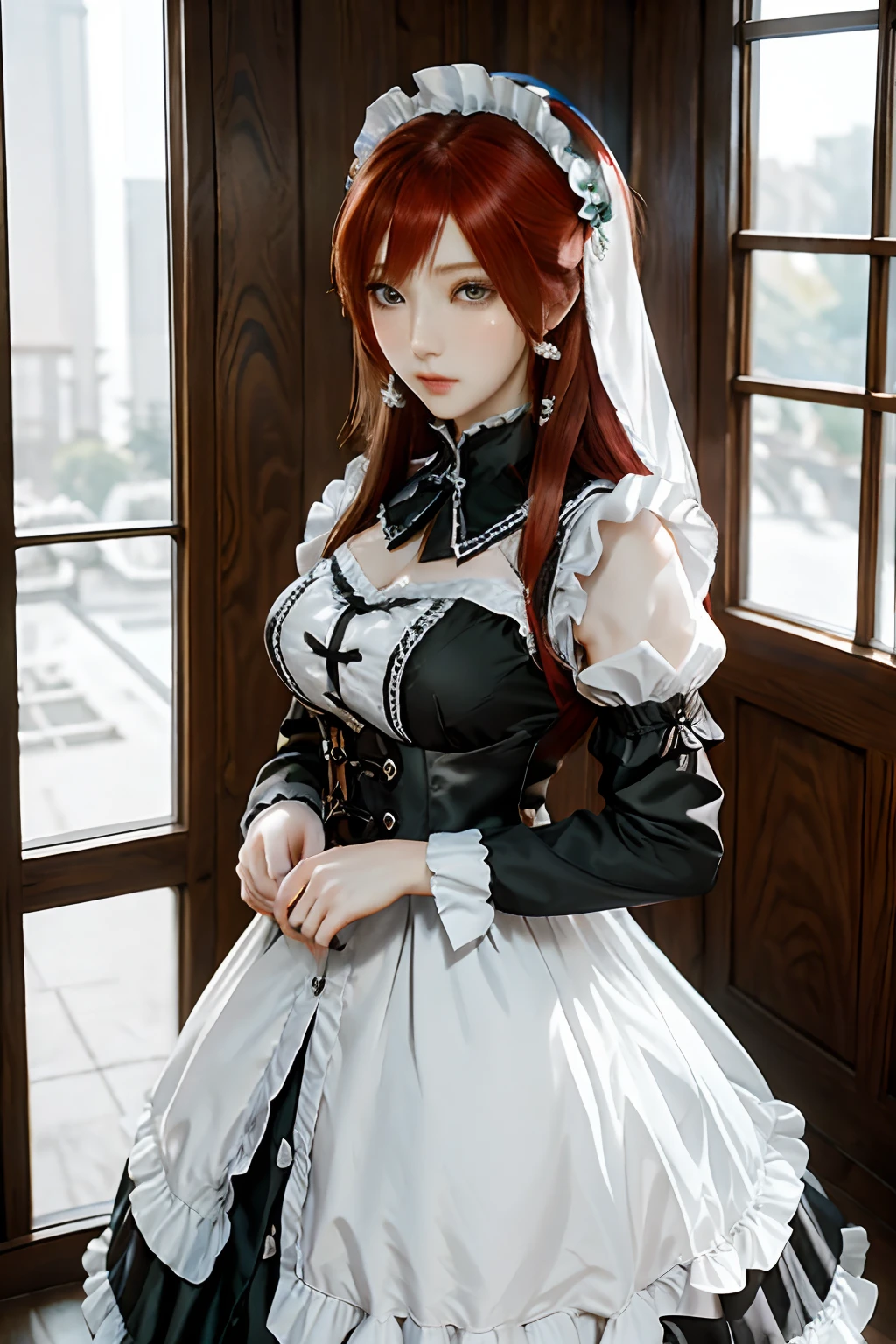 The woman, (European Citizenship: 1.2) In a black and white outfit posing for a photo, maiden! Dress, Anime Girl Cosplay, anime girl in a maid costume, The Magnificent Maiden, maid outfit, cosplay photo, cosplay, anime cosplay, A Few Cute Poses, (Face of the Goddess), (Elegant posture: 1.4), Elegant atmosphere, Noble atmosphere, (Milf: 1.6) (redhead hair: 1.5), (Cyan eyes: 1.4), (maidservant: 1.4), (Black and White Maid Outfit: 1.1), (Incredible beauty, High facial detail:1.3),