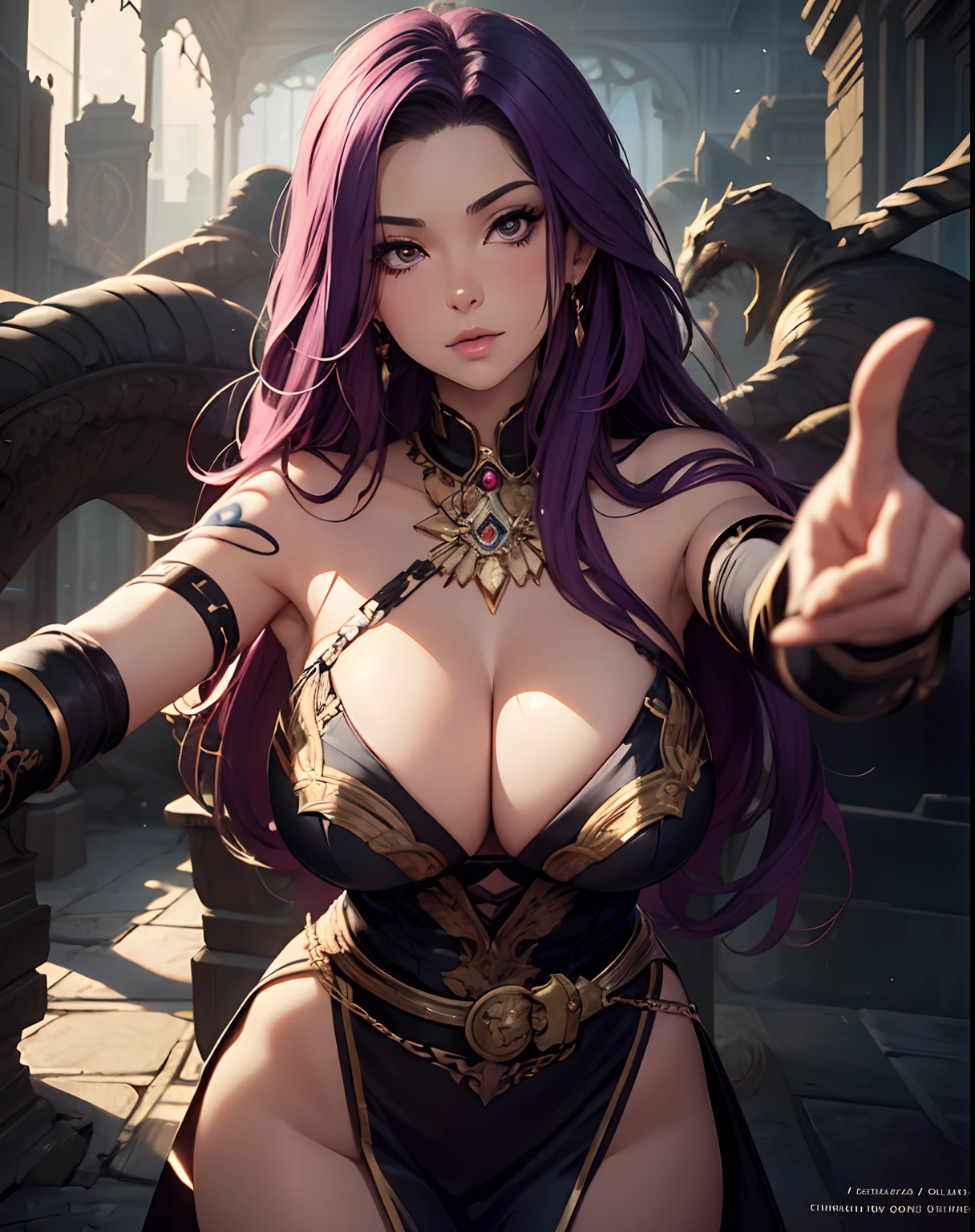 a close up of a woman with long purple hair pointing, inspired by Magali Villeneuve, fantasy art portrait, fantasy portrait art, detailed matte fantasy portrait, alice x. zhang, fantasy portrait, epic fantasy art portrait, beautiful fantasy art portrait, magali villeneuve', graphic artist magali villeneuve, fantasy genre portrait, epic fantasy digital art style,Masterpiece, Highest quality)), Detailed face, , full bodyesbian, Full of details, cleavage showing , tattoos on boobs