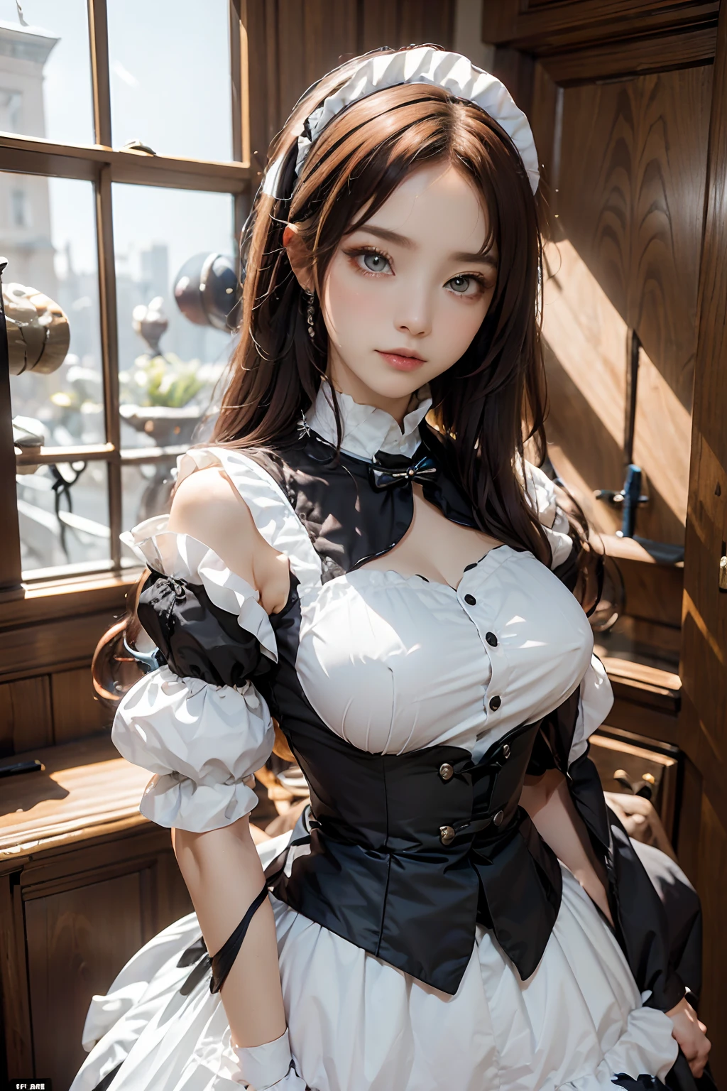 The woman, (European Citizenship: 1.2) In a black and white outfit posing for a photo, maiden! Dress, Anime Girl Cosplay, anime girl in a maid costume, The Magnificent Maiden, maid outfit, cosplay photo, cosplay, anime cosplay, A Few Cute Poses, (Face of the Goddess), (Elegant posture: 1.4), Elegant atmosphere, Noble atmosphere, (Milf: 1.6) (redhead hair: 1.5), (Cyan eyes: 1.4), (maidservant: 1.4), (Black and White Maid Outfit: 1.1), (Incredible beauty, High facial detail:1.3),