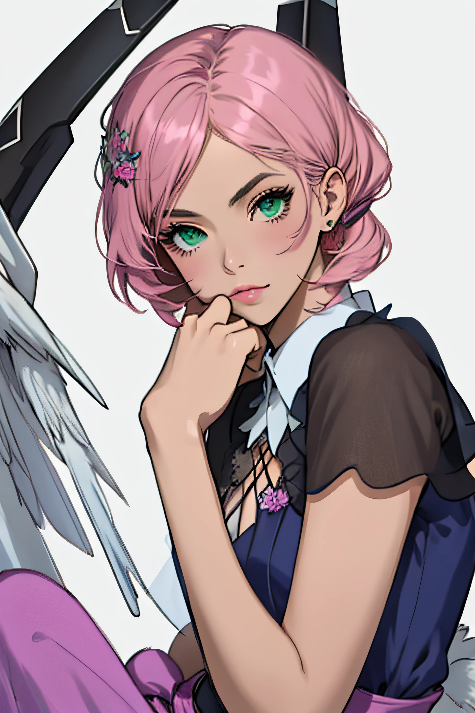 Alisa bosconovitch, melhor qualidade, contemporary, estilo plano, minimalismo, Green Eyes Flat Illustration, cabelo rosa, cabelo curto, cabelos multicoloridos, Camisa Preta, mechanical wings, Head Portrait Close-U, peito pontudo, decote, super decote, middlebreasts, Tekken，cabelo rosa pastel, 1girl, em quimono, hand-painted，Desenho de linha sem cor, colorida do yandere pastel, Tekken, Super cute pink hair girl with gothic makeup on the side, com roupa de empregada，figura esbelta，robusto，He sat on the floor，Vestido com roupas de empregada rosa e branco，cabelos muito curtos，com orelhas de gato，quadratic element，, kawaii cor-de-rosa na roupa da era de 1910, Alisa Bosconovich pink lips, no estilo da paleta de cores suave aurorapunk, an anime illustration of his face, gifs animados, hand drawn animation, charming sketches, suave e brilhante, romantismo nebuloso, Estilo Superflat, fundo branco - ar 1:1 - niji 5 - estilo expressivo --s 50 ,Pink kawaii girl in the era of 1920s clothesPink eagles, vestindo uma camisa branca brilhante, no estilo da paleta de cores suave aurorapunk, an anime illustration of his face, gifs animados, hand drawn animation, charming sketches, suave e brilhante, romantismo nebuloso, Estilo Superflat, fundo branco - ar 1:1 - niji 5 - estilo expressivo --s 50, Absurdo, alto, ultra detalhados, (1girl:1.3), quebrar , Crie uma imagem com uma bela caligrafia