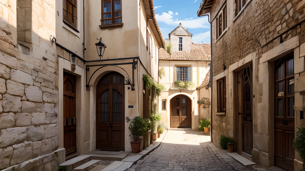 View of a narrow cobbled street,Early Medieval Town,(beste-Qualit,4k,8k,highres,tmasterpiece:1.2),ultradetailed,(realisti,photo-realistic,photo realism:1. 37),Soft warm sunlight,Stone buildings,Arched doorways,Hanging Lanterns,Uneven cobblestones,calming atmosphere,Medieval architecture,bright colours,Historical charm,Open windows,Curved stairs,Hidden corners,Wooden shutters,Whispers of History,medieval town landscape,Quiet streets,Old-fashioned street signs,Aged wooden doors,Sunlit courtyards,Echoes of the Past,Charming alleys