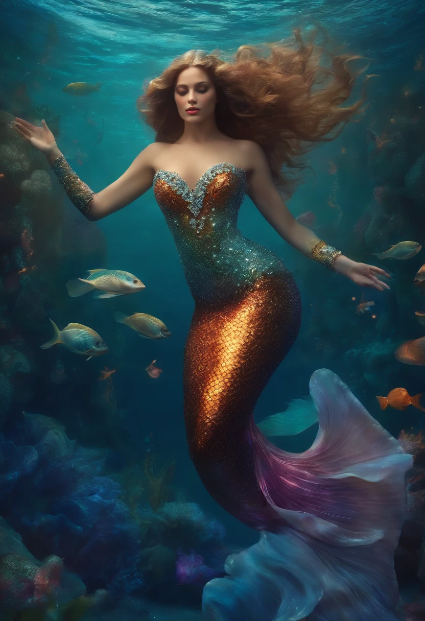 A mermaid dancing with grace in the depths of the ocean, Surrounded by shimmering pearls, In your underwater kingdom, Your heart filled with hope and your radiance is the light that guides your path."