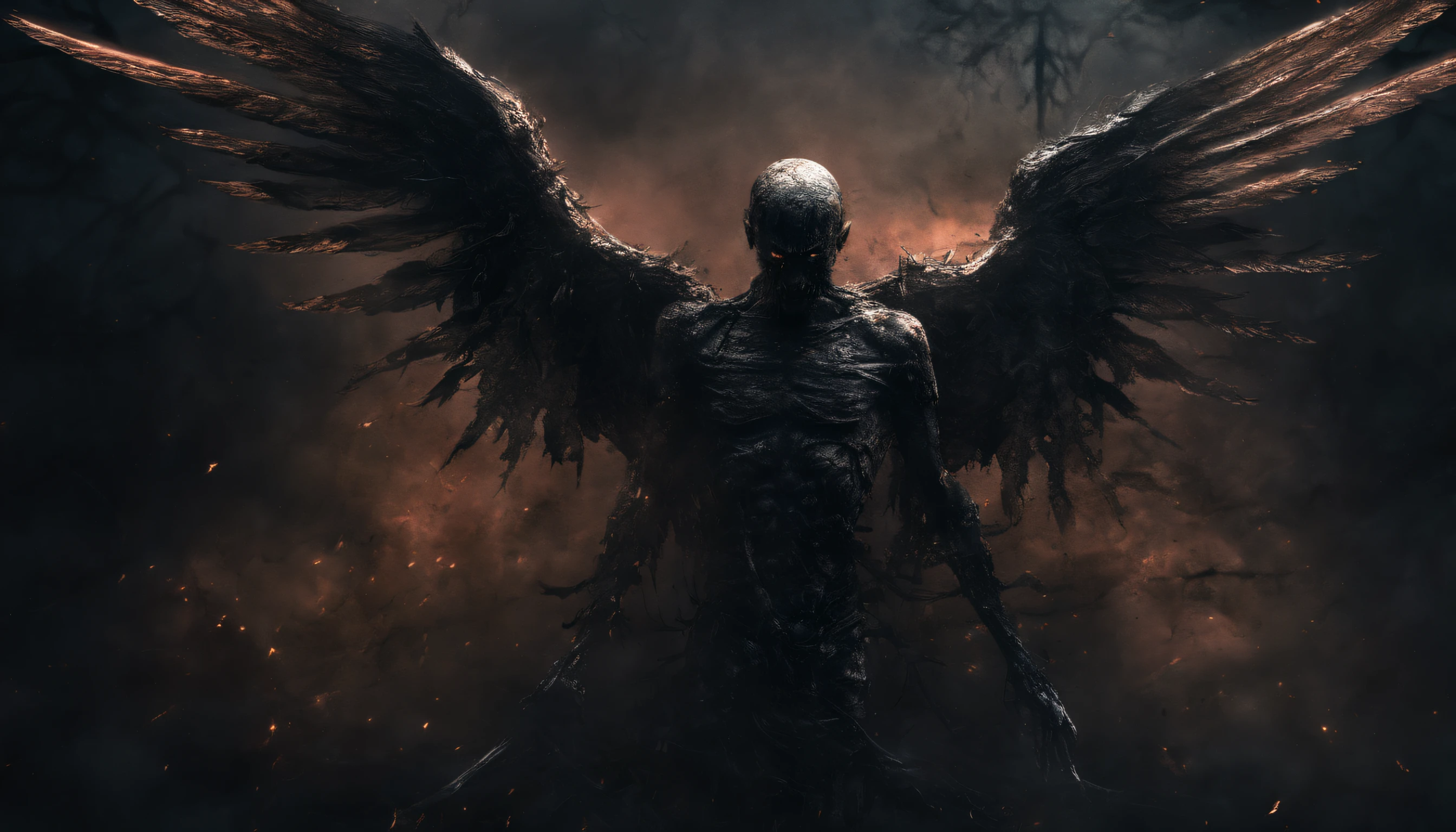 Cosmic Fallen Angel falling down and bruised up and his wings bruised up, glowing light eyes, Biomechanical, eerie, Creepy, nightmarish, Very bright colors, Light particles, with light glowing, Mshiff, wallpaper art, UHD wallpaper