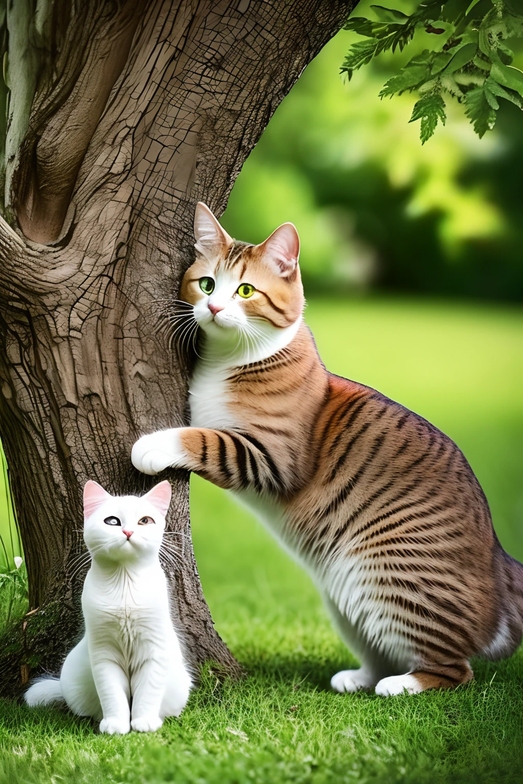 Using artificial intelligence, create an image of maximum resolution that captures the scene of a breathtaking, sun-kissed garden. In the center of this idyllic setting, depict an adorable white cat with soft fur, lying in the shade of a lush tree, curiously watching a small, smiling child playing carefree by its side. The cat and the child should radiate happiness and affection. Ensure that all details, from the texture of the tree leaves to the expressions on the cat and the child's faces, are represented with the highest degree of realism and quality, as if it were a scene from a cinematic film. Convey an atmosphere of charm and magic, where nature and innocence intertwine in harmony --auto