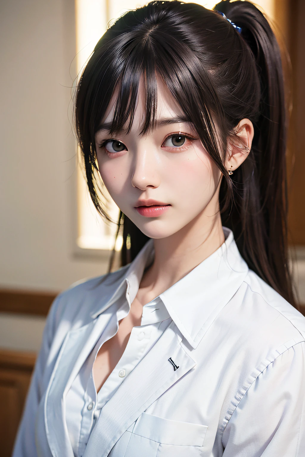 a beautiful japanese nurse girl, detailed face and eyes, long flowing brown hair, wearing a white nurse uniform, standing in a hospital corridor with a kind and caring expression, (best quality,4k,8k,highres,masterpiece:1.2),ultra-detailed,(realistic,photorealistic,photo-realistic:1.37),warm lighting,vibrant colors,intricate details,highly realistic,portrait,digital painting