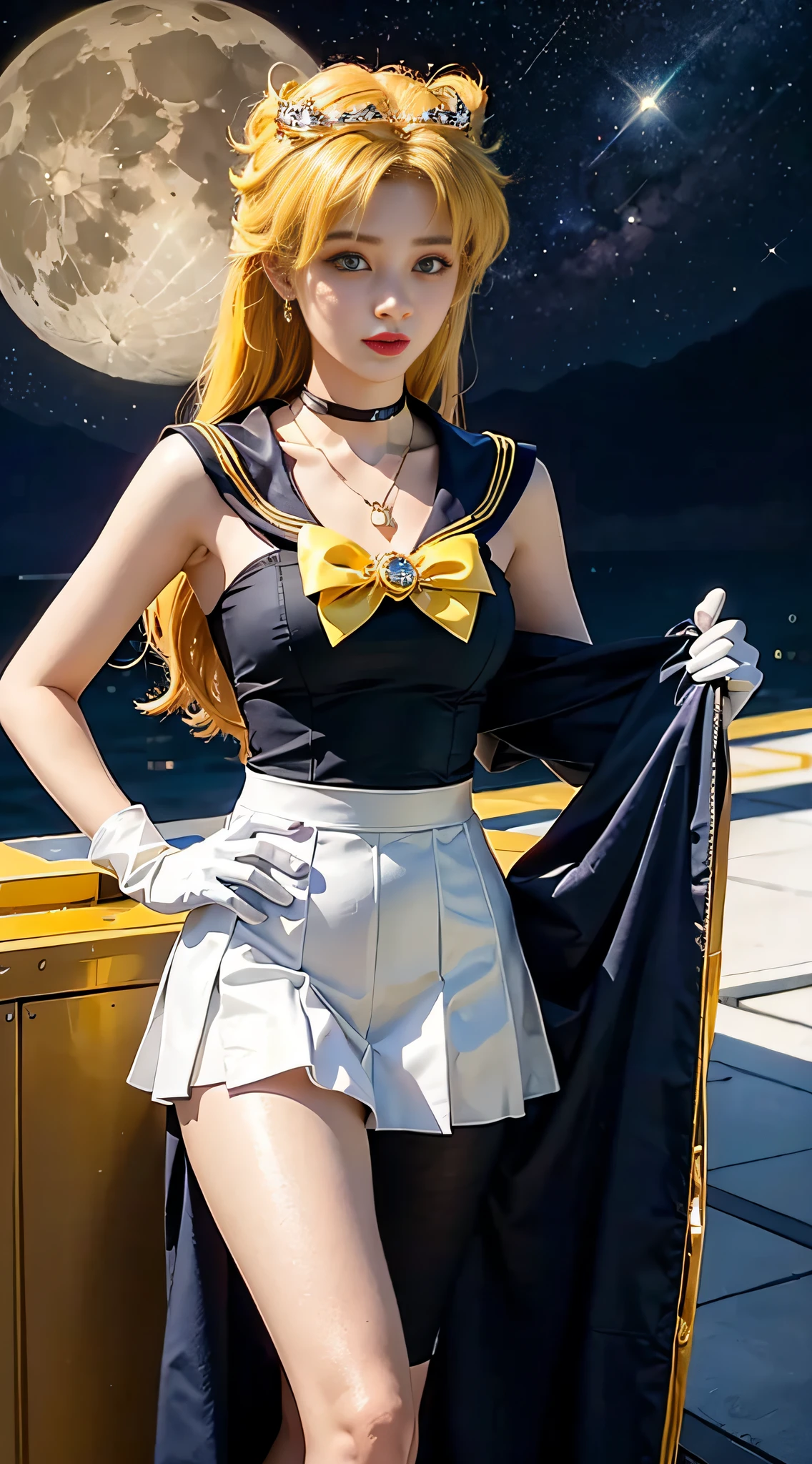 ((masterpiece:1.4)、(top-quality:1.4)、(reallistic:1.7))、masuter piece:1.4、a beauty girl、(Sailor Moon:1.4)、Tsukino Usagi、Body Fit Sexy Sailor Senshi Uniform、(latex shiny)、(The jacket is a white sleeveless sailor suit)、(Skirt is blue sexy ultra ultra mini skirt)、The collar of the sailor suit is blue with two thin lines.、high leg swimsuit、Red cloth ornament at chest、(Wearing white gloves)、Kawaii Girl、Super beauty、foco nítido、Portrait photos、Upper body photography:1.4、beautiful countenance、beautidful eyes、Narrow waist、beauty legs、(yellow hair:1.4)、(length hair:1.2)、Beautiful udder、large full breasts:1.2、Sexy ass、Raw photo、red-lips、Red high heels:1.4、a choker:1.4、a necklace:1.4、耳Nipple Ring:1.4、Luxurious Golden Tiara:1.4、1 screen display、a moon、kosmos、spaceships、A space station、City of the Future