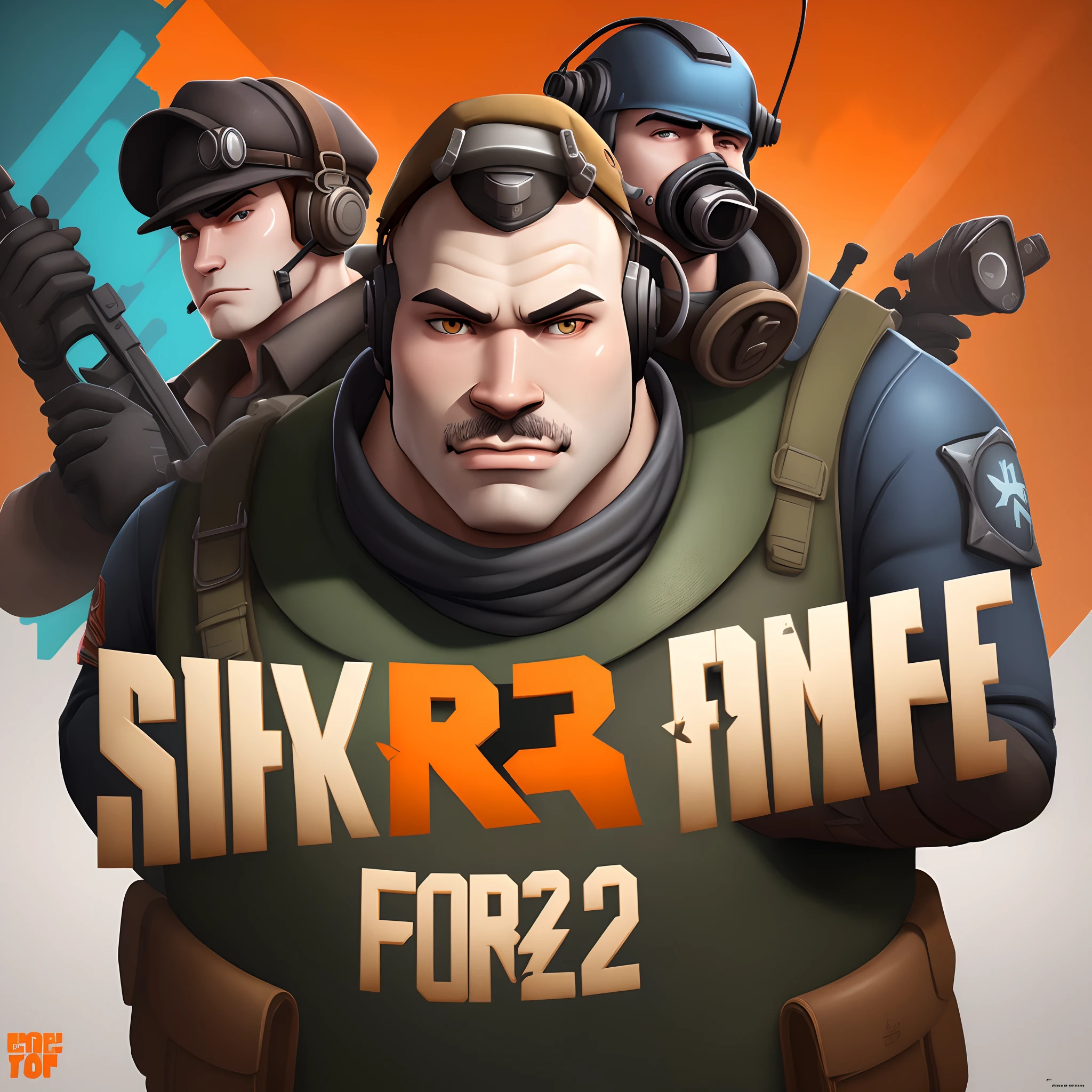 A poster for Team Fortress 2 with Heavy tf2, in the middle of the screen. The title in orange, arial and a motto