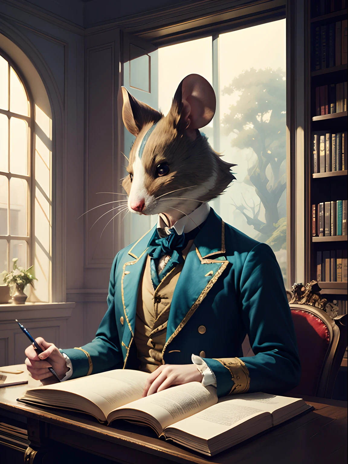 anthropomorphic mouse, victorian inspired clothing by artgerm, victo ngai, ryohei hase, artstation. fractal papersand books. highly detailed, smooth, global illumination, fantasy art by greg rutkowsky, karl spitzweg