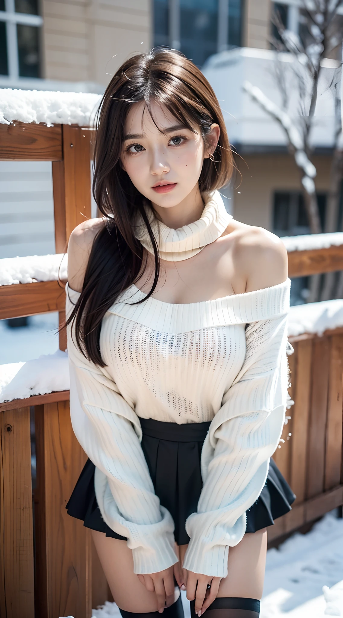 (closeup shot:1.4)、(Raw-Photo:1.2)、(Photorealcitic:1.4)、(masterpiece:1.3)、(Top Quality:1.4)、dream-like、(A detailed eye)、(Detailed facial features)、(detailed clothing features)、clear skin、(shinny skin)、(Slender and Beautiful Girl)、(Beautiful bridge lines)、one girls、(FULL BODYSHOT)、独奏、cute little、Happy smiling face、(tits huge)、beauty breast、bangss、Short bob、A dark-haired、black eyes、Long scarf、White wool sweater、off-the-shoulders、mini-skirt、Black thick pantyhose、Snow boots、I can see the panties、indecency、Erotic、