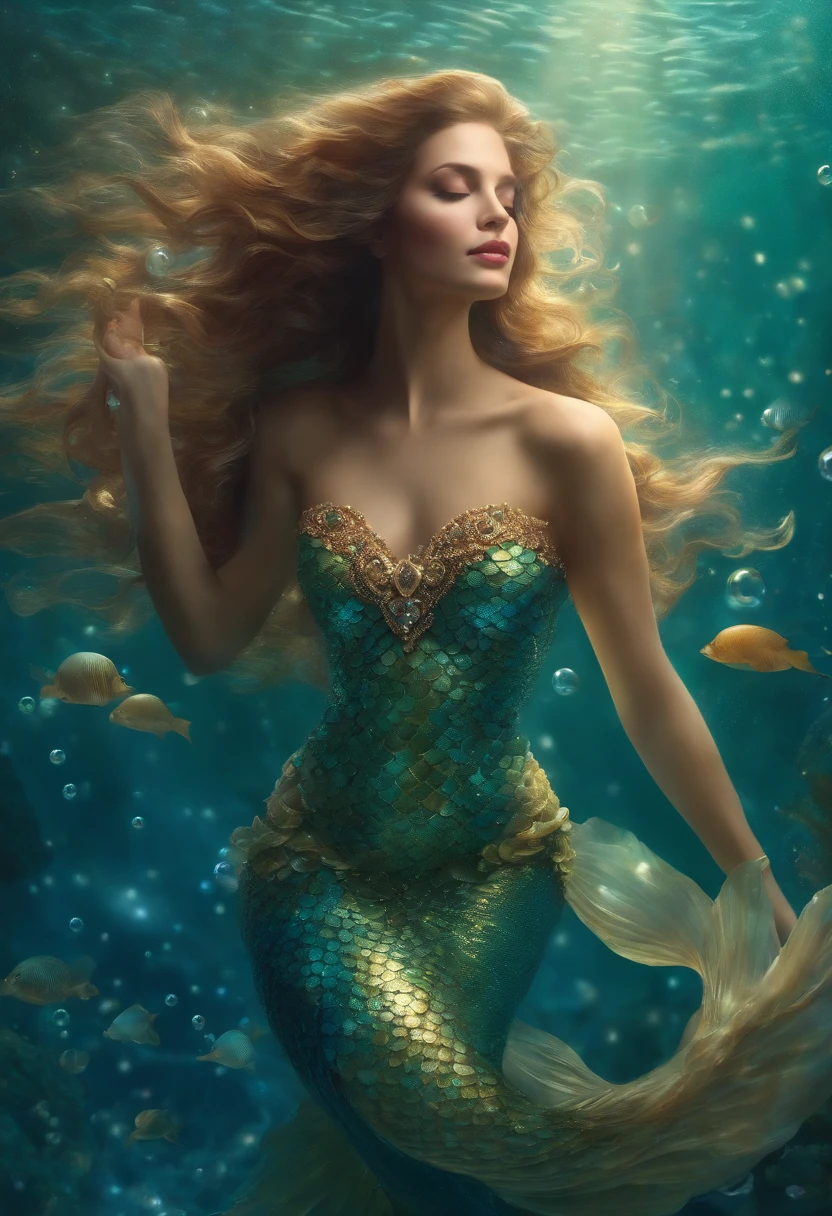 A mermaid dancing with grace in the depths of the ocean, Surrounded by shimmering pearls, In your underwater kingdom, Your heart filled with hope and your radiance is the light that guides your path."