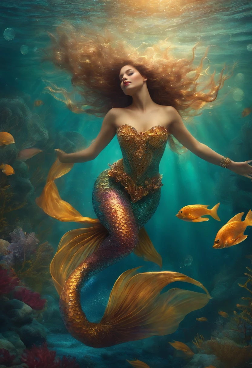 A mermaid dancing with grace in the depths of the ocean, Surrounded by shimmering pearls, In your underwater kingdom, Your heart filled with hope and your radiance is the light that guides your path."