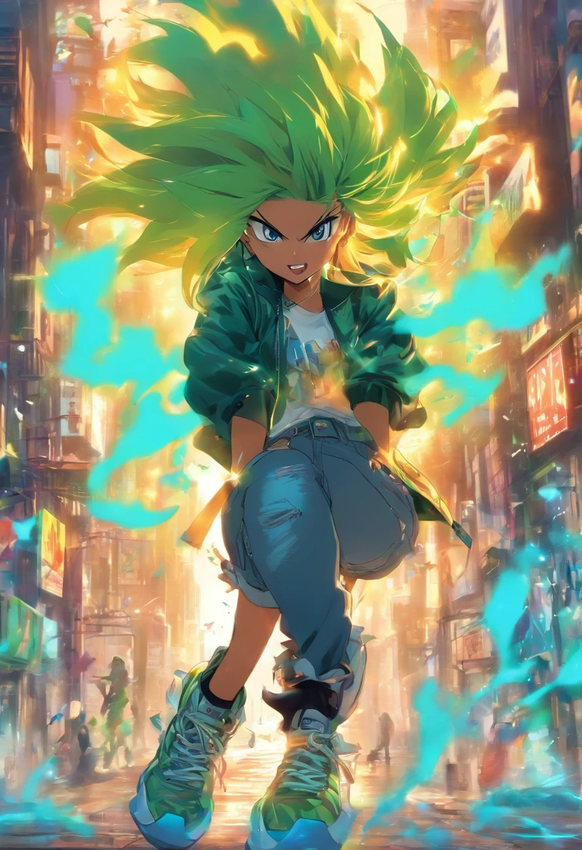 lindo,alto,forte,poderoso tenho cabelos verdes espetados e mechas na frente e olhos azuis.expressivo,Gets angry easily,leal,competitivo,humorous,frisky,sedutor,gosta de brigar,meio burro,rude,sarcastic,Ironic and cheeky. She wears a black and blue jacket with a white blouse underneath and jeans and sneakers, as well as having some accessories around her outfit.genero do seox masculino.estou fazendo uma pose com as maos no bolso e com um sorriso malicioso.fundo estilo graffiti, Antecedentes altamente detalhados, Obra-prima perfeita, alta qualidade, high resolution