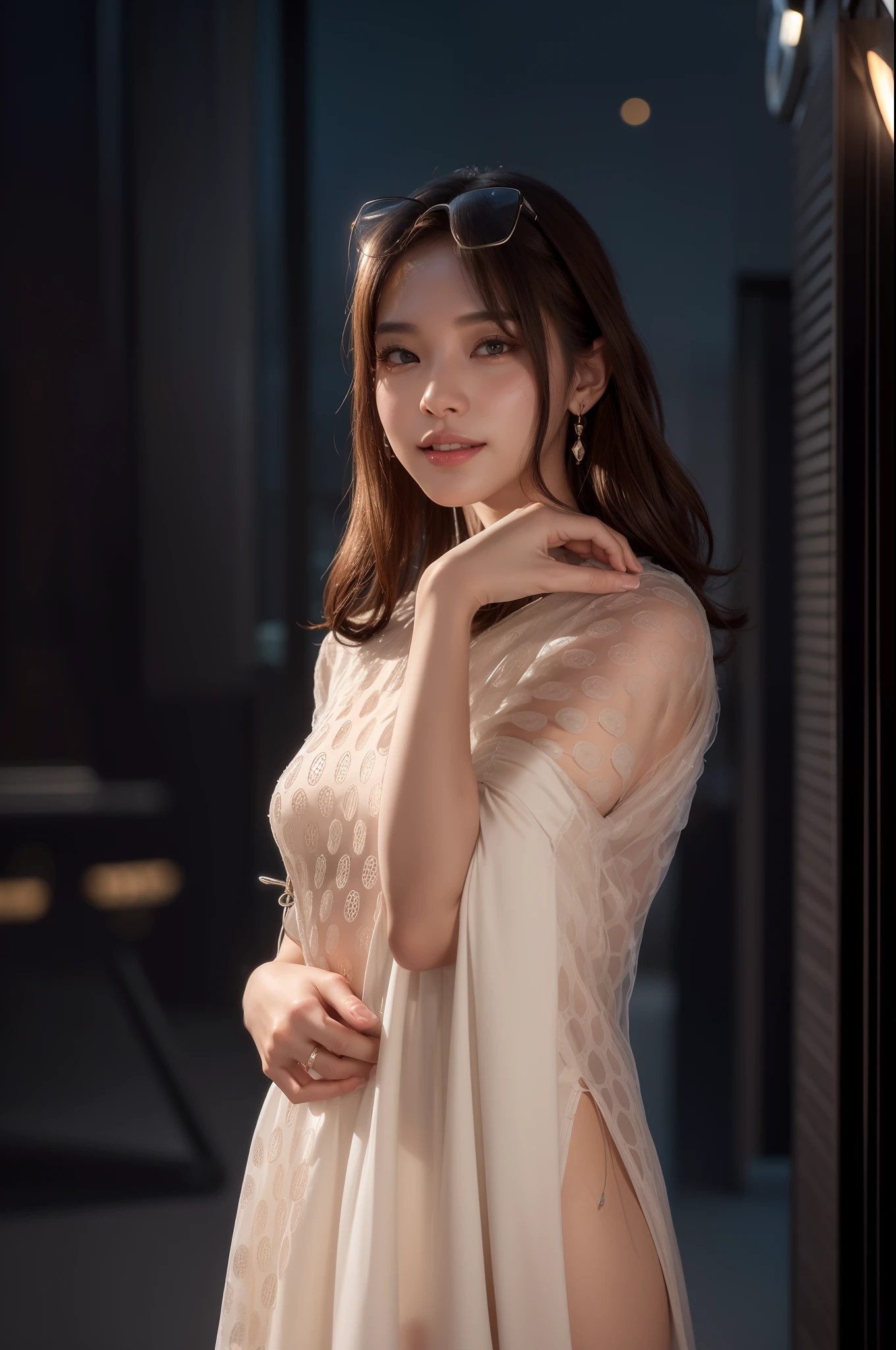 8k, masterpiece, RAW photo, best quality, photorealistic, extremely detailed CG unity 8k wallpaper, Depth of field, Cinematic Light, Lens Flare, Ray tracing, (extremely beautiful face, beautiful lips, beautiful eyes), intricate detail face, ((ultra detailed skin)) 1girl, in the dark, deep shadow, pretty korean girl, kpop idol, 1 girl, (very slim slender fit-muscled body:1.3), ((looking at viewer)),(big smile:1.3), (midnight, dark night, (neon sign), (blurred background), dim light), (without people in the background:1.3), beautiful earrings, bracelets, necklace, pantyhose, clear eyes, walking , front shot, (pale skin), (big eyes), face forward, (full body shot), (brown hairs), open navel, (looking at viewer:1.3), very slim, medium breasts, (camel toe), thick thighs, turn back, (flooming laced mini dress), ((white color dress)), (tight skirt), ((turning back, back shot)), ultra mini skirt, exposed ass, upper shot