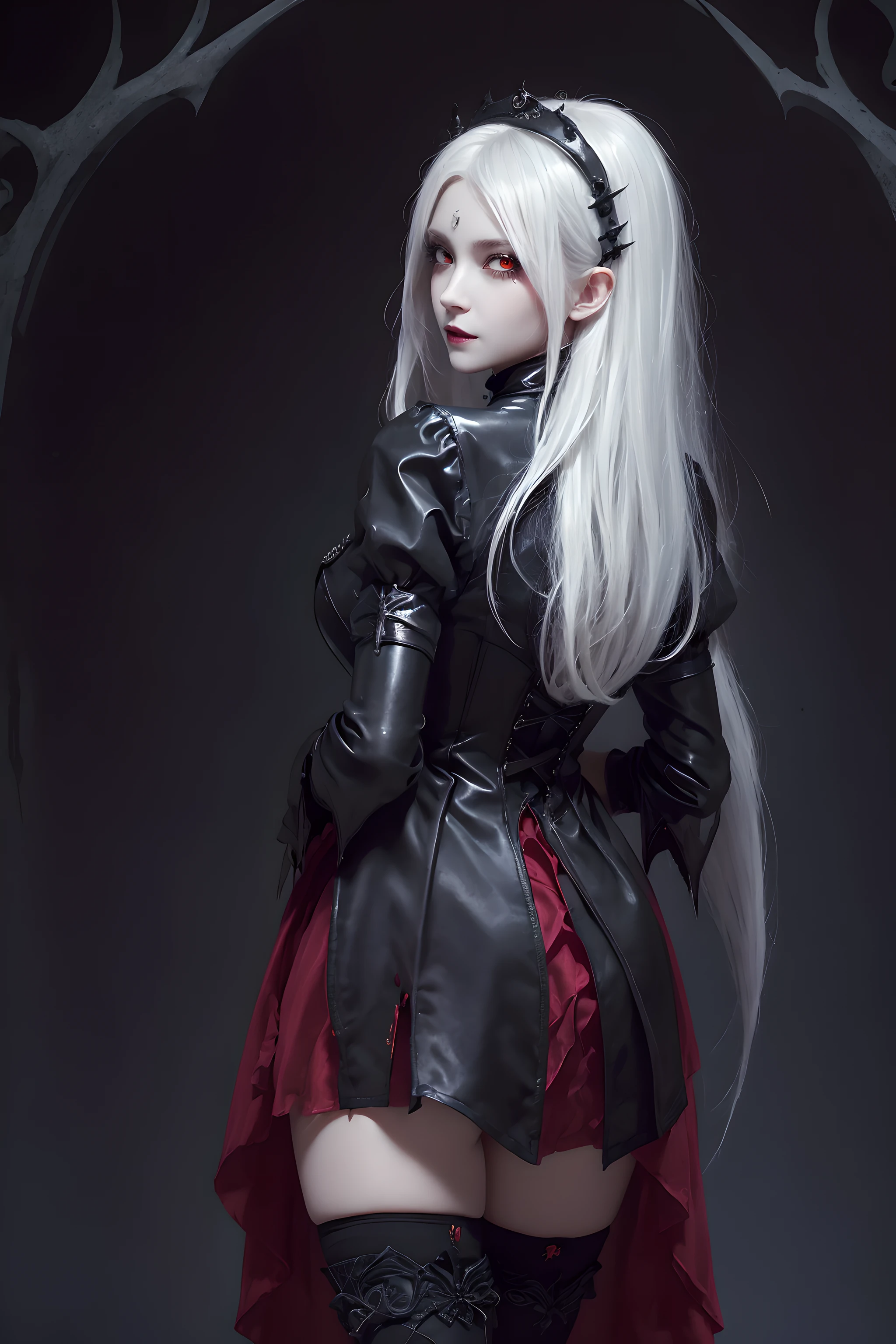 (Halloween theme:1.3), (fantasy:1.3), (vampire queen:1.3), (silver long hair:1.3), (red eyes:1.3), (vampire fangs:1.3), (extremely pretty and beautiful vampire queen:1.3), BREAK, Beautiful illustration, top-quality, (cute Russian vampire queen:1.3, Caucasian:1.3), having vampire features, (vampire queen:1.5), BREAK, (red eyes:1.5, pale skin:1.1), (beautiful, 20 years old:1.5), slim, slender, (big sagging breasts), (clean face:1.3), (vampire fangs:1.3), (ash hair:1.3), (white hair:1.3), (silver hair:1.3), BREAK, (black elegant full lacy gothic dress), (latex corset), (black latex stockings), (knee-high-over-boots, pin-hells), (insanely detailed clothes), (halloween costume), BREAK, ((arms behind back:1.5)), blue eyess, lovely thighs, (jack o'lantern:1.3), (looking straight at the viewer), (view viewer:1.3), (upper body:1.3), top angle, simple black background, (((dark background:1.5))), (halloween:1.5), (halloween background:1.5), (low-key lighting, (moody ambiance):1.2, dark shadows, subtle highlights, mysterious aura),