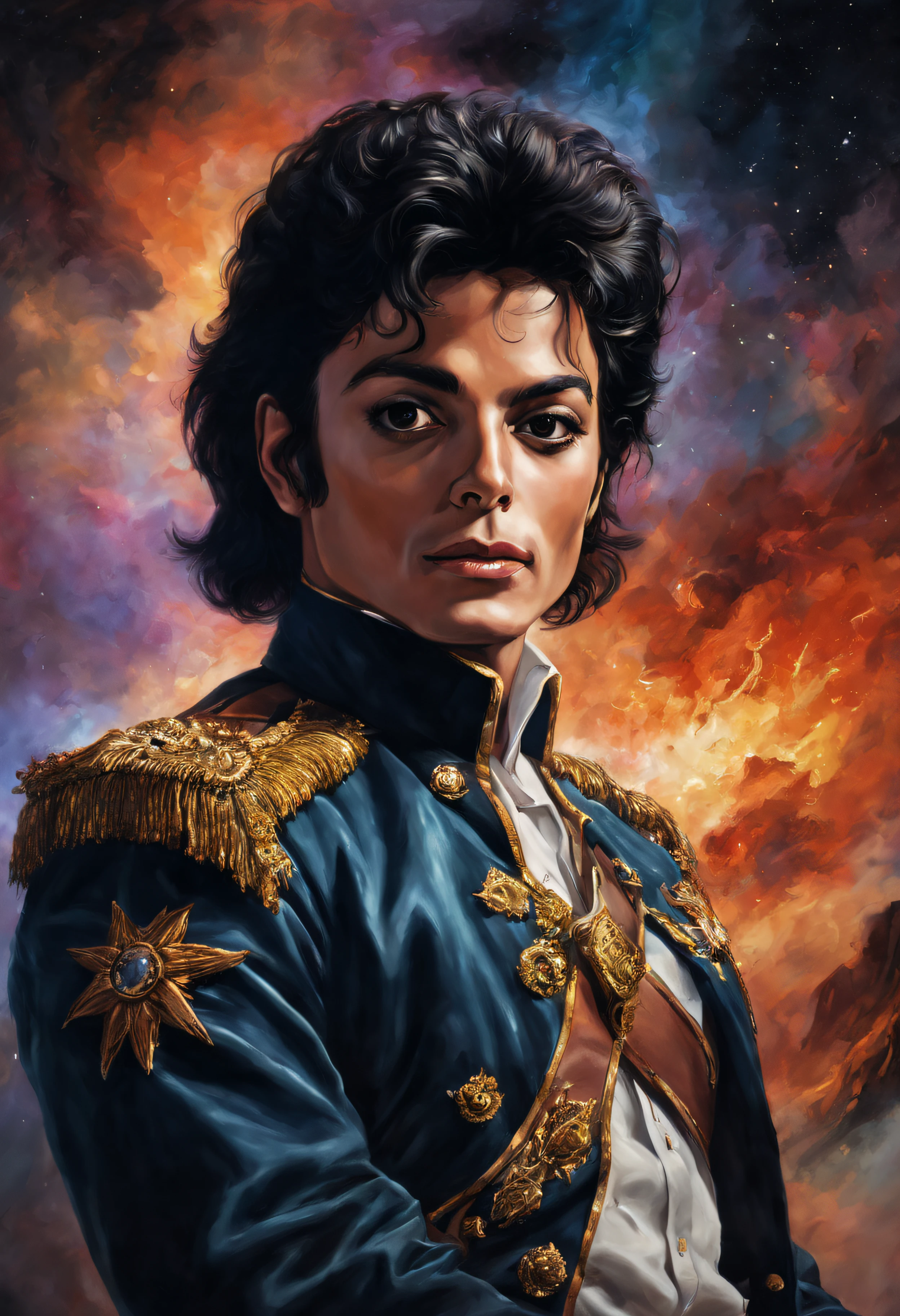 a facial portrait of Michael Jackson, oil painting on canvas in the art style of caravaggio, thomas kinkade, neal adams, frank frazetta, boris vallejo, Rembrandt, extremely colorful, outer space, planets, stars, galaxies, fire, explosions, smoke, volcanic lava, craggy mountain peaks in the background, 32k UHD, 1080p, hyper realistic, photorealistic, realistic, 1200ppi, 2000dpi, Highly detailed, extremely sharp, vibrant, colorful, well lit, full field of depth, professional quality studio image