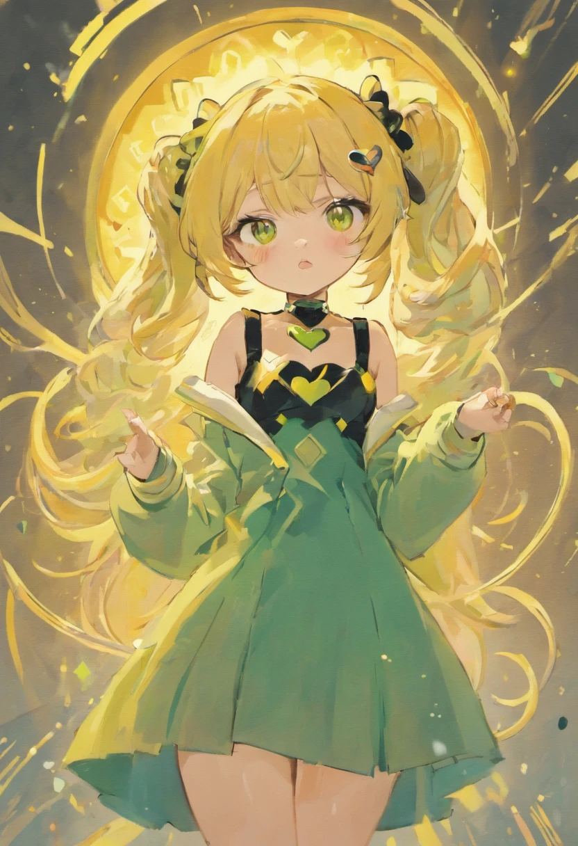 In a white and green JPOP suit, the highest quality, A girl, Her hair is bright yellow, Slightly pastel colours, Hair is fluffy, Two fluffy ponytails ,The rest of the hair is loose to the shoulders, Also fluffy, She also has dog ears on her head, Same color as hair, but they hang down nicely, She has fair skin, kblack eyes, with white hearts in the eye, She's very cute, Dressed in a black sundress, The character is made in the style of gacha kyut, Over Orange, simple , Lola, Very cute