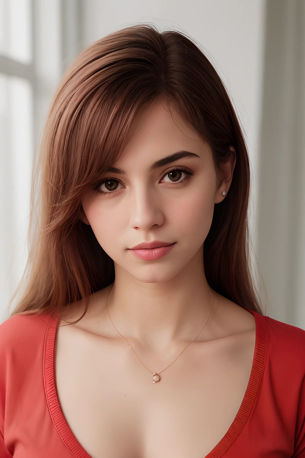 Foto RAW, Retrato de uma mulher loira bonita vestindo uma camisa vermelha (pele altamente detalhada:1.2), 8k UHD, DSLR, soft lighting, alta qualidade, filmic grain, Fujifilm XT3