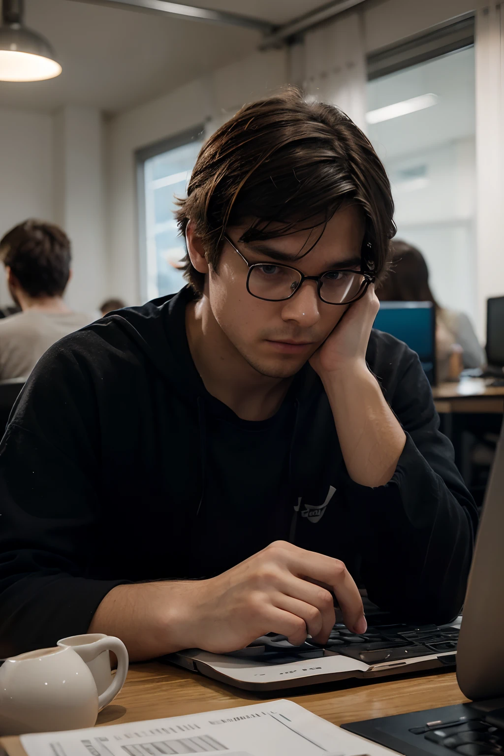 imagine prompt: color photo of a tired computer science student in university —c 10 —ar 2:3
A tired computer science student in university,
Messy hair,
Glasses perched on the edge of his nose,
Eyes red and heavy with exhaustion,
Face illuminated by the glow of his laptop screen,
Hands typing furiously on the keyboard,
Notebooks and textbooks scattered around him,
A half-empty coffee cup by his side,
The faint sound of murmurs and clicking keyboards in the background,
The air thick with the scent of caffeine and late-night study sessions,
The dim light of the fluorescent lamps casting a pale glow over the scene,
A mixture of determination and weariness in his expression.
Camera settings:
Ultra HD,
Portrait mode,
1:1 aspect ratio,
Ultra detailed focus on the student's face and hands,
High body contrast to capture the exhaustion and intensity.