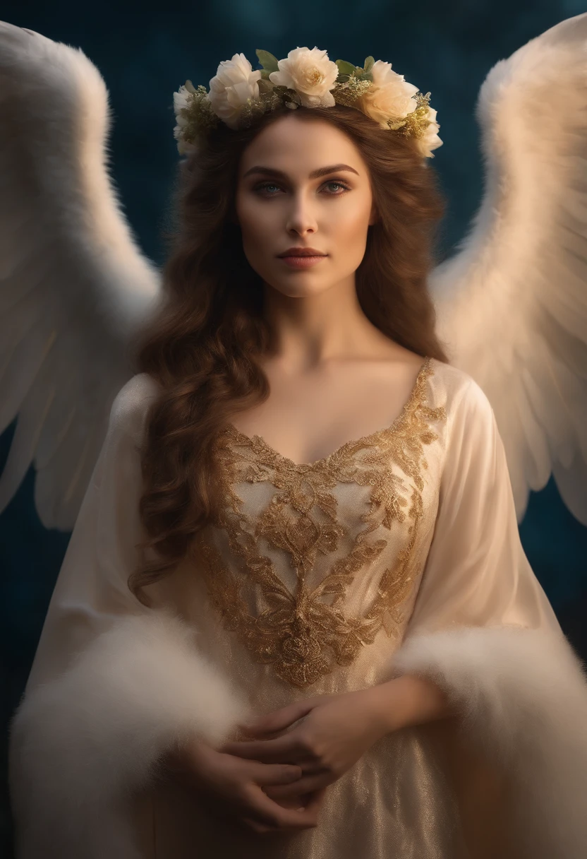 um anjo feminino, olhos de amor, asas grandes, protegendo um humano, a cor do anjo sera reluzente, o anjo esta com muito poder. em 4k realista