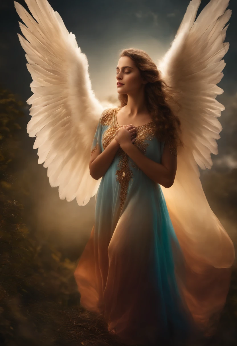 um anjo feminino, olhos de amor, asas grandes, protegendo um humano, a cor do anjo sera reluzente, o anjo esta com muito poder. em 4k realista