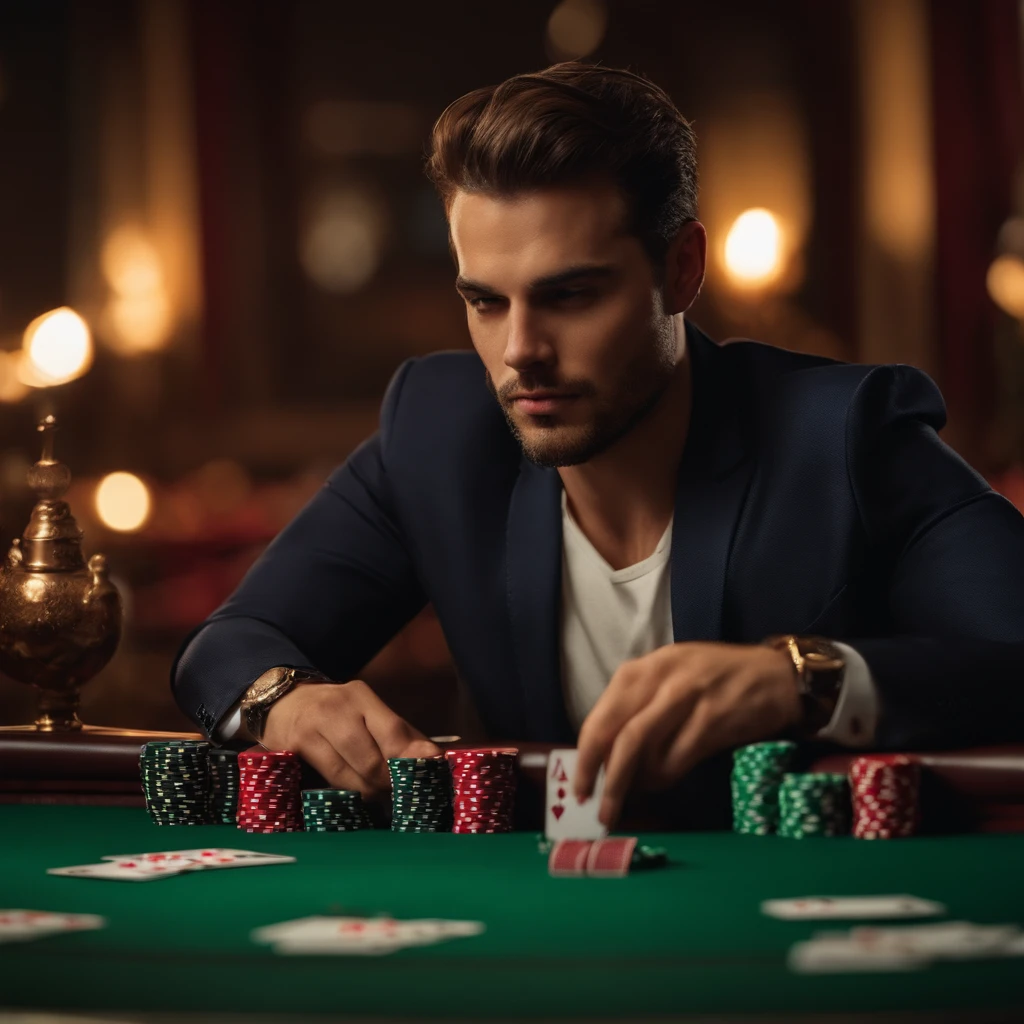Um close-up de um homem grisalho jogando Poker, dinheiro em cima da mesa realista em 4K