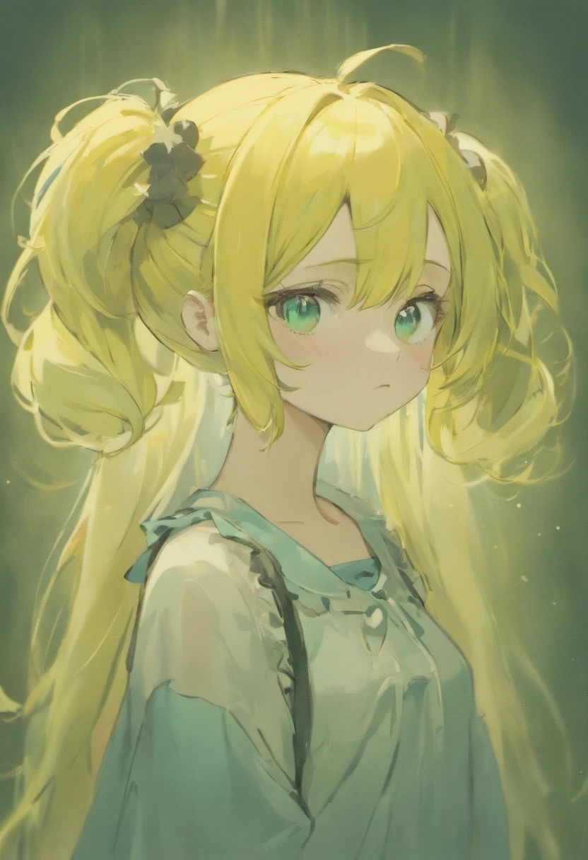 aqua hair, asymmetrical hair, hair above the eyes, Hairline, goggles, romanticism lain, Anime style, Character Sheets, reference sheet, Lineup, Гипер HD,Dark TonesIn White & Green JPOP SuitGood Quality, A girl, Her hair is bright yellow, Slightly pastel colours, Hair is fluffy, Two fluffy ponytails ,The rest of the hair is loose to the shoulders, Also fluffy, She also has dog ears on her head, Same color as hair, but they hang down nicely, She has fair skin, kblack eyes, with white hearts in the eye, She's very cute, Dressed in a black sundress, The character is made in the style of gacha kyut, Over Orange, simple , Lola, Very cute