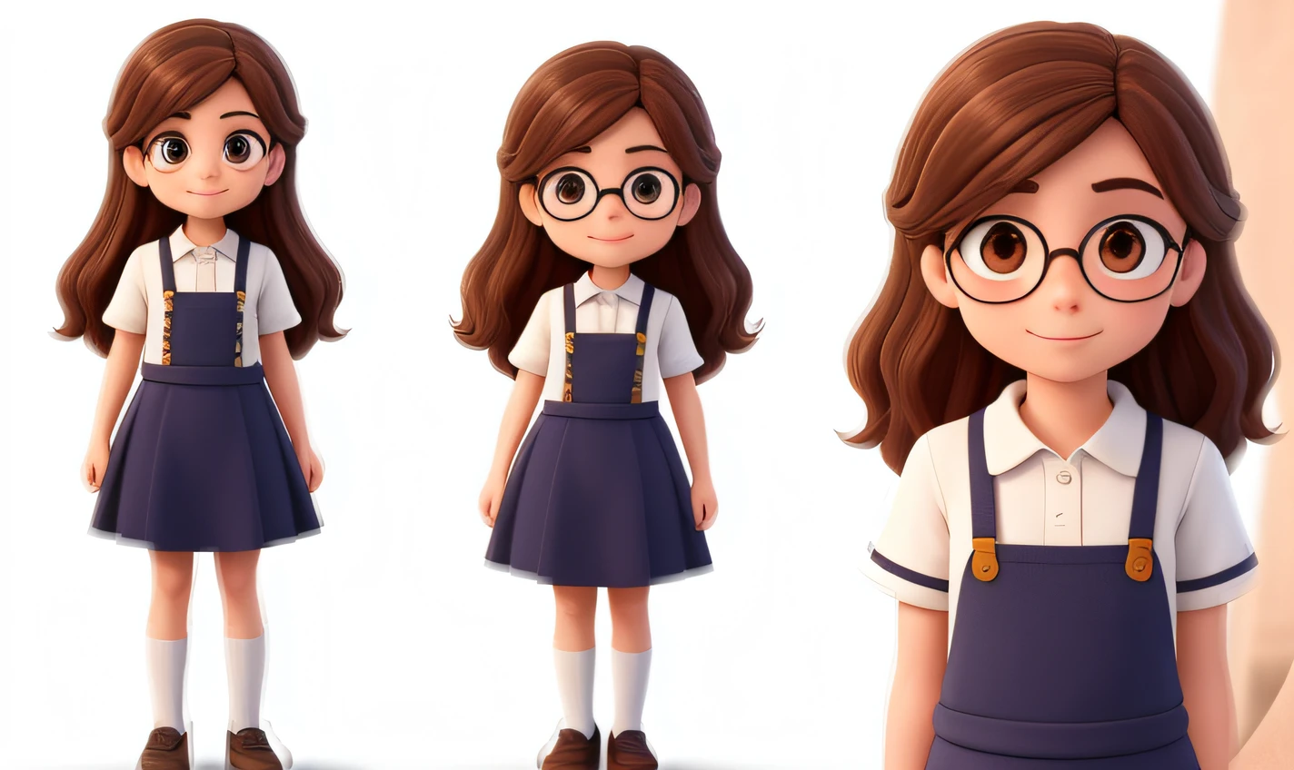 8--old an, with long brown hair, round face, charming smile, and brown eyes, wearing glasses, full body
