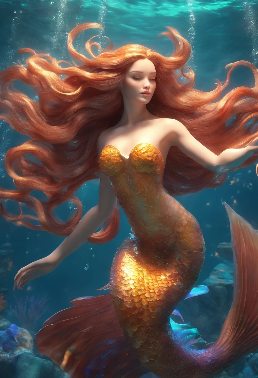 A mermaid dancing with grace in the depths of the ocean, ro