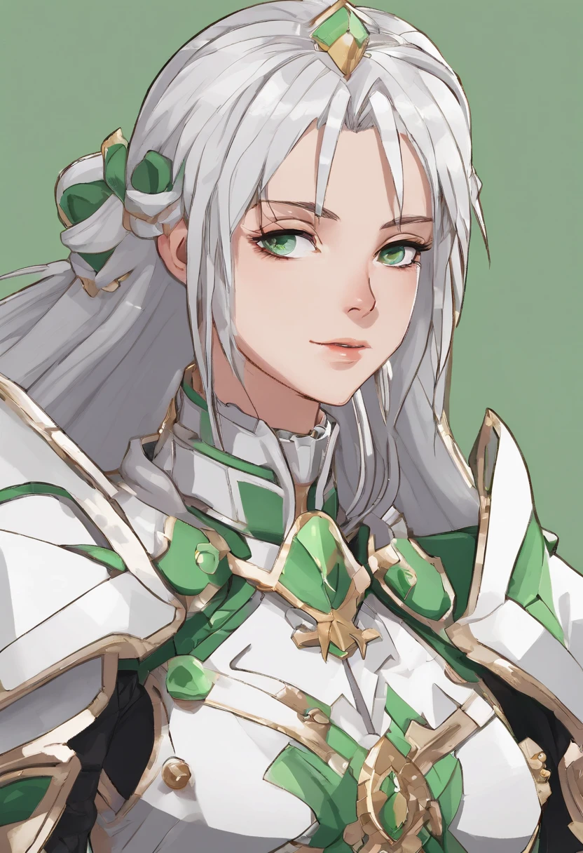 (8K,Best quality,style of anime),Ancient European realistic style armor,Silver-haired female knight,Green emerald pupils,High ponytail,Wearing silver-white armor,Delicate facial features,The drawing style is similar to that of characters in anime,Boots,Gaiters,with a pure white background,Character design,quadratic element,Include a small amount of introductory text, wallpaper android
