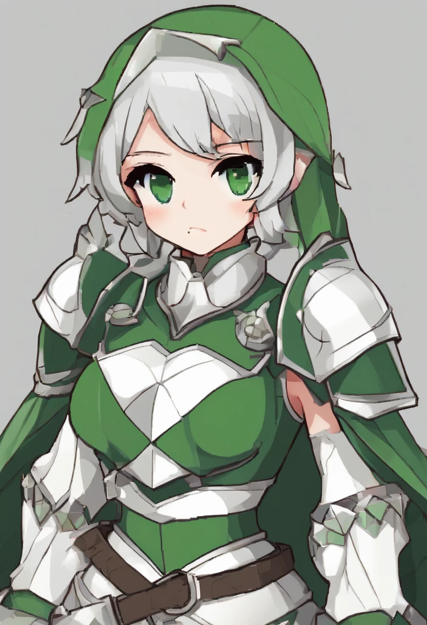 （8K，Best quality，style of anime），Ancient European realistic style armor，Silver-haired female knight，Green emerald pupils，High ponytail，Wearing silver-white armor，Delicate facial features，The drawing style is similar to that of characters in anime，Boots，Gaiters，with a pure white background，Character design，quadratic element，Include a small amount of introductory text, wallpaper android