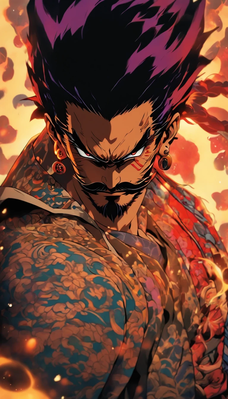 um homem com bigode, com traje samurai preto , duas catanas, uma cicatriz no olho esquerdo, Right arm with demon tattoo, Olho roxo, 8K